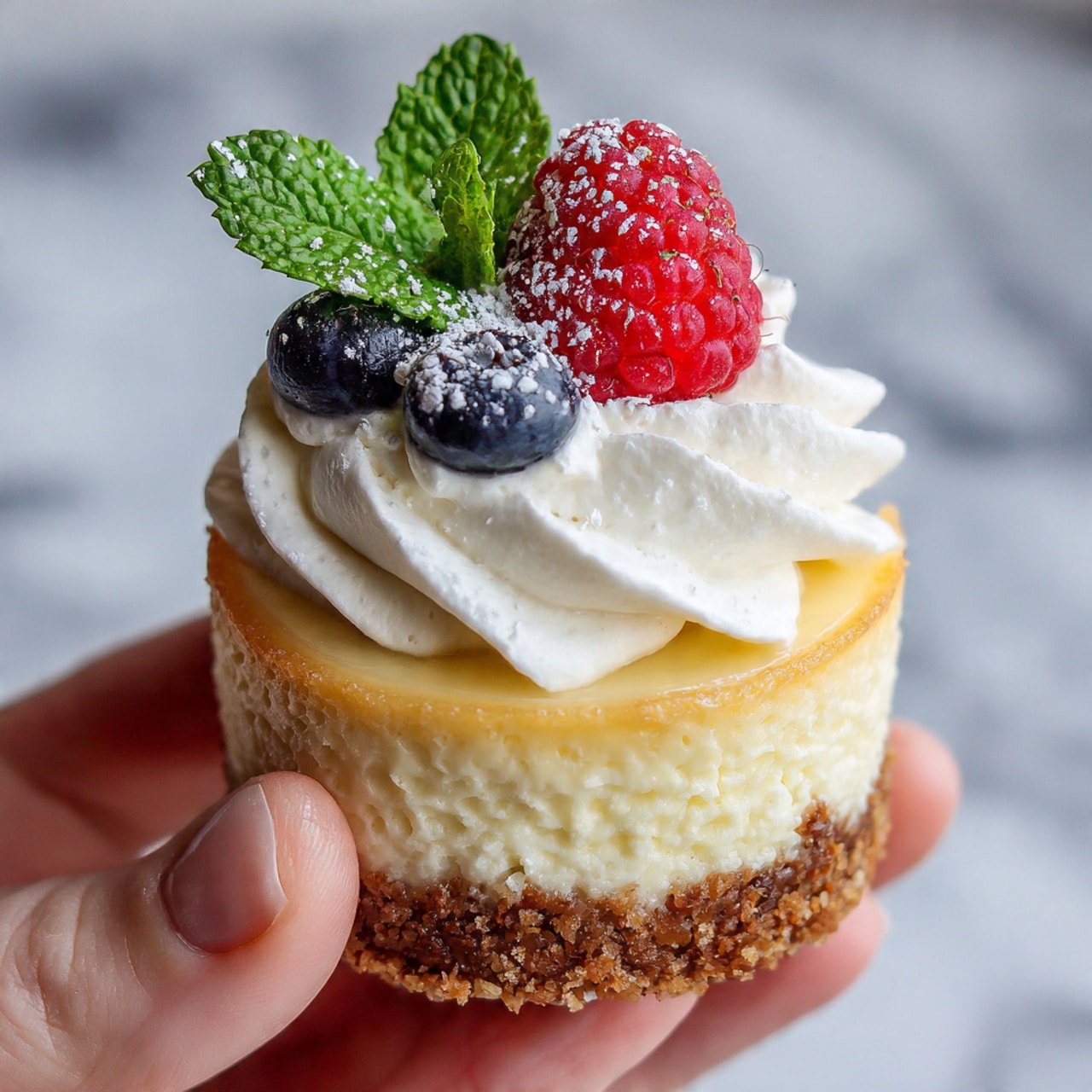 A group of small cheesecakes is placed on a wooden stand against a white marbled background. Each cheesecake has one thick bottom layer of pale yellow cake, topped with a generous swirl of smooth white cream. On top of the cream, there are fresh blueberries, raspberries, and small green mint leaves arranged carefully. Some powdered sugar is falling from a small metal sieve held above the cheesecakes, creating a fine white dust over the fruit and cream. Additional berries and small white flowers are scattered loosely around the wooden stand for decoration. photo taken with an iphone --ar 4:5 --v 7