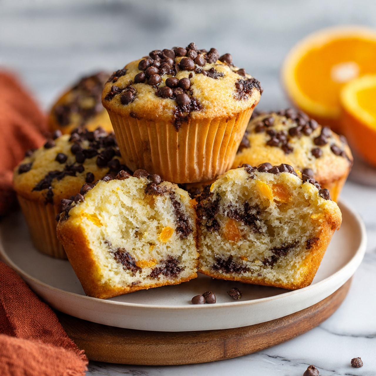 A stack of round muffins with a golden-brown top covered in dark brown chocolate chips is placed on a white plate. Two muffins are cut in half, showing a soft, light brown inside with dark chocolate pieces and small orange fruit bits inside. The muffins have a moist texture with chocolate chips on top and inside. The plate sits on a white marbled surface with a wooden round board underneath the plate and a piece of burnt orange cloth nearby. photo taken with an iphone --ar 4:5 --v 7