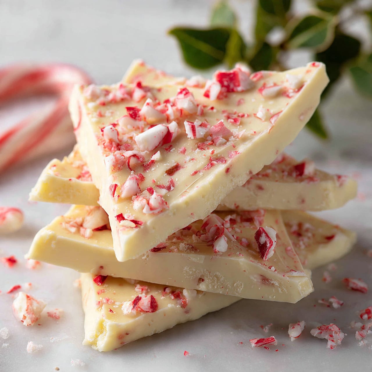 The image shows triangular pieces of layered peppermint bark stacked and scattered on a white marbled surface. Each piece has two distinct layers: a smooth dark brown chocolate base and a thicker creamy white chocolate top, sprinkled with broken red and white peppermint candy pieces. The white chocolate layer is slightly textured with visible specks, and the peppermint shards add a festive touch with their sharp red stripes and uneven sizes. A partially visible curved whole peppermint candy is placed at the bottom right corner, enhancing the holiday theme. photo taken with an iphone --ar 4:5 --v 7