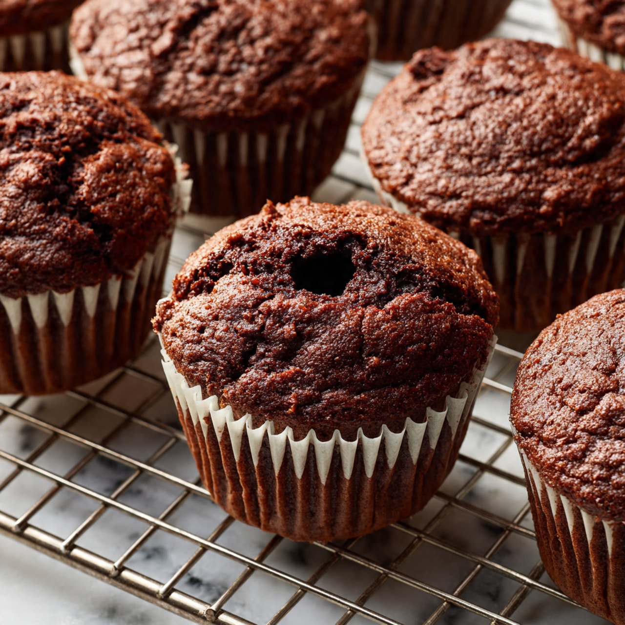 The image shows several chocolate muffins with a deep brown color and a slightly rough texture on top. Each muffin sits in a white paper liner with vertical ridges. One muffin in the middle has a small round hole in the center, created by a metal scoop held by a woman's hand, which is removing soft chocolate crumb from the middle. The muffins rest on a metal cooling rack with a grid pattern, placed over a white marbled surface. The focus is close-up, highlighting the moist and dense texture of the muffin tops. photo taken with an iphone --ar 4:5 --v 7
