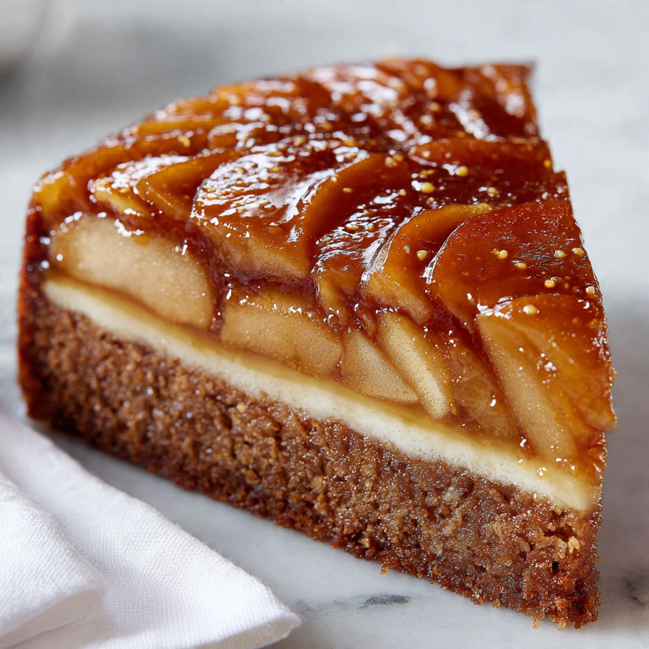 A close-up view of a single thick slice of apple cake showing three layers: the bottom layer is a dense, dark brown cake base with a soft texture; the middle layer contains baked apple slices that are thin and light brown, slightly embedded in the cake; the top layer is a glossy, caramelized surface with a rich shiny glaze covering the apples, giving them a deep golden brown color with small bubbles of syrup. The edges of the slice are slightly rough with a firm crust. The slice is placed on a white marbled texture surface with a corner of a white cloth visible nearby. Photo taken with an iphone --ar 4:5 --v 7