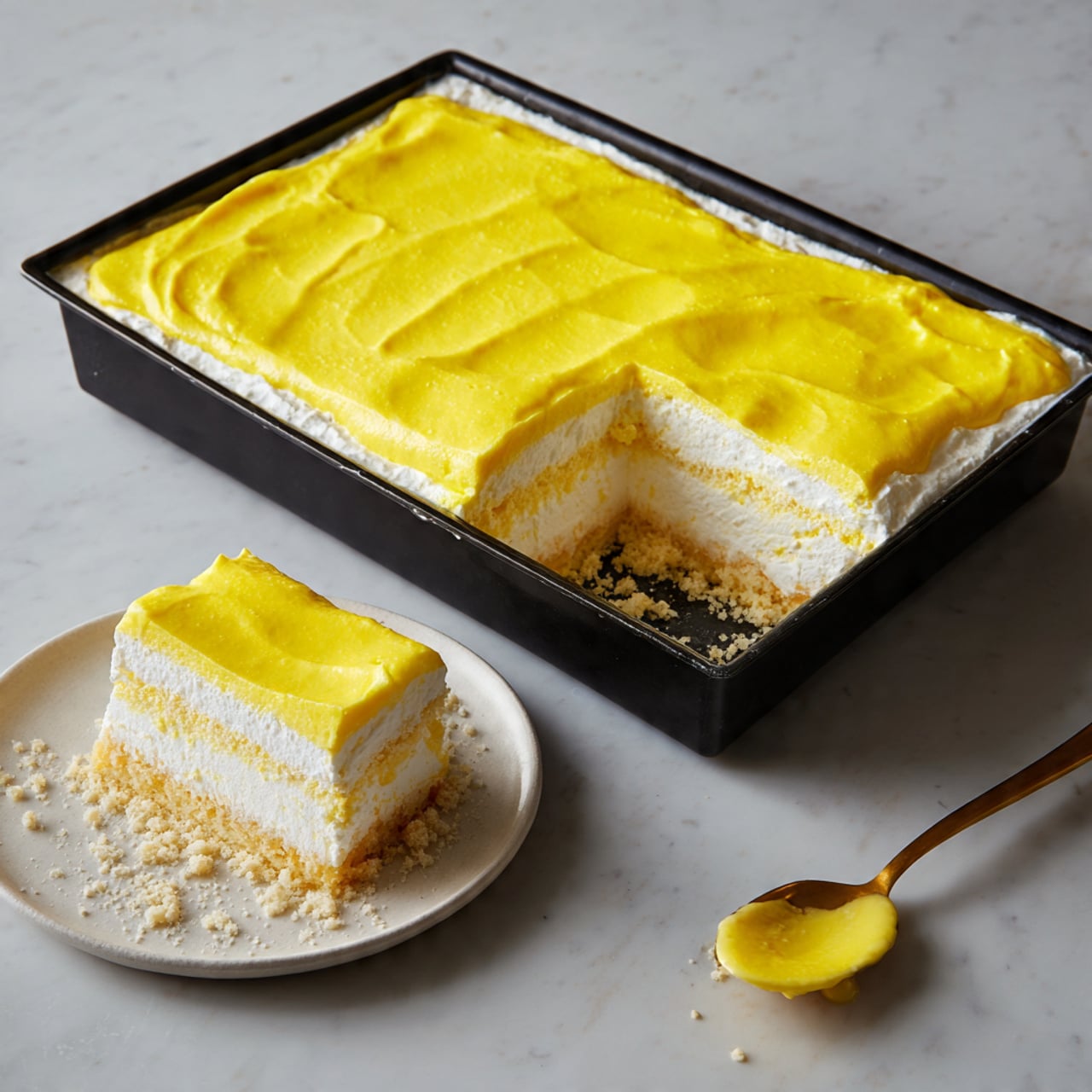 A rectangular black baking dish holds a layered dessert with three clear layers: the bottom layer is soft and crumbly in a pale beige color, the middle layer is white and creamy with a smooth texture, and the top layer is a thick, bright yellow custard spread evenly across the surface with slight ridges. A large square portion is missing from the dish, showing the layers inside. Next to the dish on a white plate with a crumbly edge, a square piece of the dessert rests, displaying all three layers clearly. A gold spoon with some yellow custard on it lies nearby on a white marbled surface, matching the background. Photo taken with an iphone --ar 4:5 --v 7