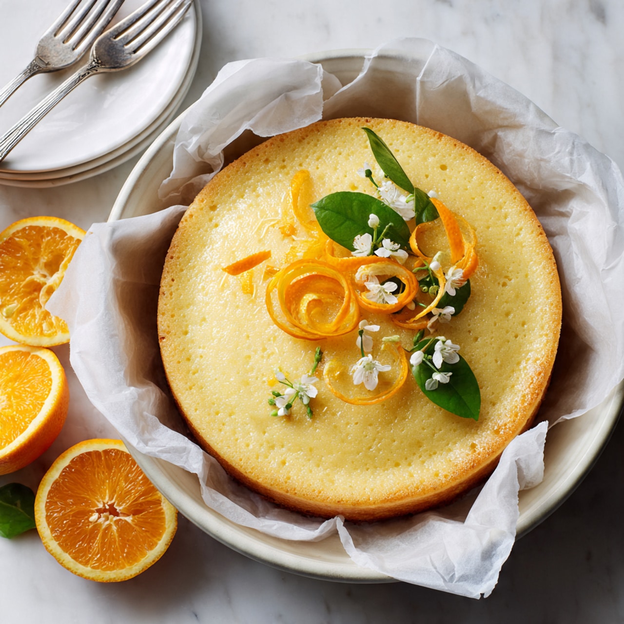 A thick slice of golden orange cake with a moist texture is placed on a white plate. On top of the cake slice, there is a thin half-moon orange slice along with small white flowers and dark green leaves as decoration. Next to the cake on the plate, there is a dollop of smooth white cream. A silver fork with a detailed handle lies near the cake slice. The plate sits on a white marbled surface. Photo taken with an iphone --ar 4:5 --v 7