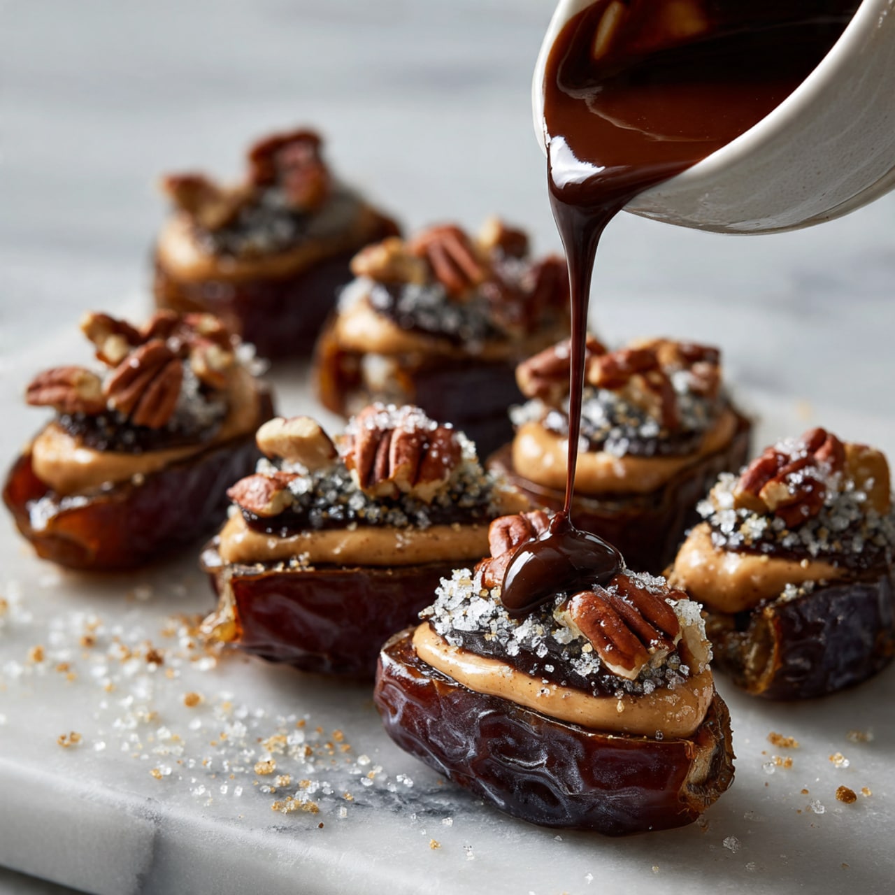 The image shows several small, oblong dark brown dates filled with a light brown peanut butter layer visible in the middle. Each date is topped with a drizzle of shiny dark chocolate, with some pieces fully covered, while others have crisscross dark chocolate lines. Small white sea salt flakes are scattered over the chocolate, adding texture. The dates are arranged closely together on a round white plate with a thin brown edge. The plate sits on a white marbled surface. photo taken with an iphone --ar 4:5 --v 7