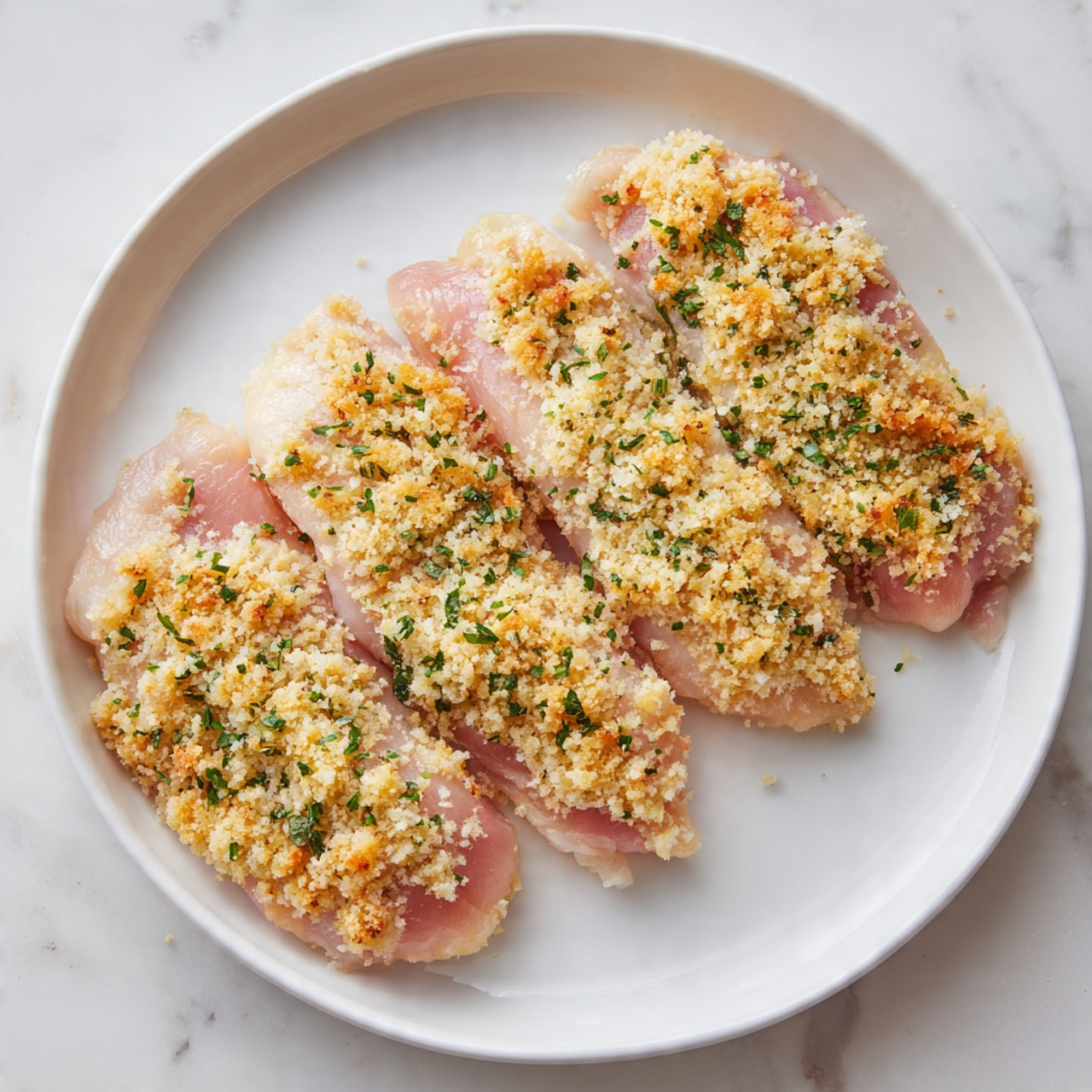 A long white rectangular plate holds eight golden brown crispy breaded chicken strips arranged in two neat rows, with a sprinkling of green herbs both on and around the chicken pieces. At the top left corner of the plate, a small white round bowl filled with thick red ketchup adds a pop of color. The plate sits on a white marbled surface with a blue patterned cloth partially visible on the left side. In the background on the right, there is a glimpse of a white bowl with colorful mixed vegetables. Photo taken with an iphone --ar 4:5 --v 7