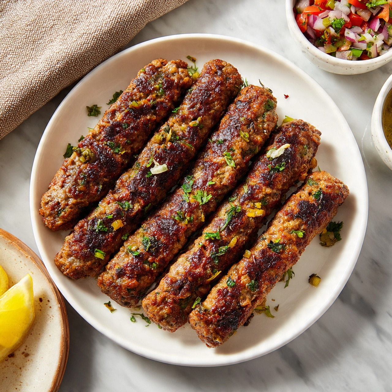 A white round plate holds eight grilled kebabs arranged side by side, each kebab is brown with a slightly crispy texture and small bits of green herbs sprinkled on top. The plate is set on a white marbled surface. In the background, at the top right, there is a small white bowl with a mix of chopped tomatoes, onions, and green chilies, and at the bottom right, there is another small white bowl with a greenish dipping sauce. A beige cloth napkin is partially visible in the top left corner, and a few slices of lemon are seen at the bottom left. photo taken with an iphone --ar 4:5 --v 7