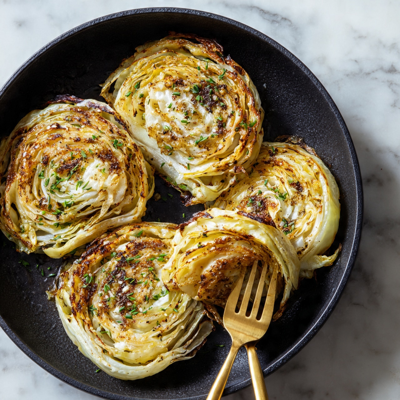 The image shows four roasted cabbage slices arranged in a black pan, each with multiple thin layers of golden-brown and slightly crispy edges. The cabbage layers have a mix of light yellow and browned colors with bits of white garlic and green herbs sprinkled on top. One slice is held by a gold fork, showing the texture and seasoning in close detail. The pan is set on a surface with a white marbled texture. photo taken with an iphone --ar 4:5 --v 7