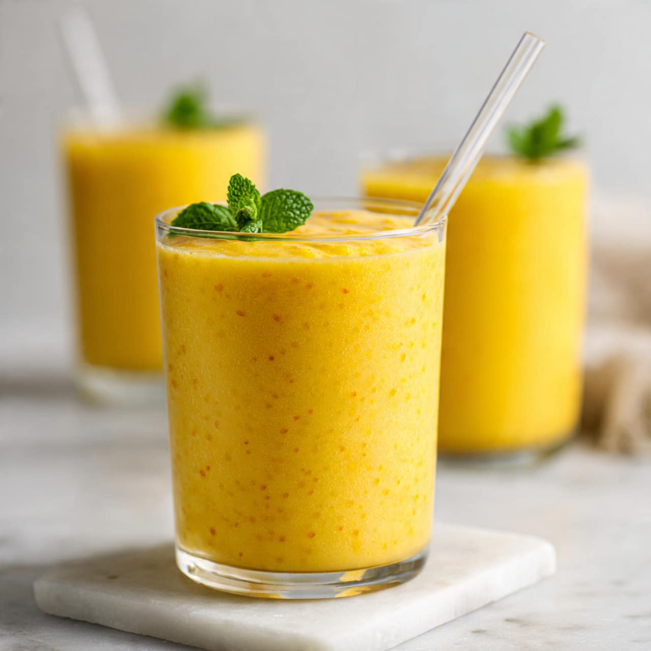 A white ceramic jug held by a woman's hand is pouring a thick, creamy yellow drink into a clear glass placed on a white marble board. The glass already contains some of the yellow liquid, and another glass filled with the same drink is visible in the background on a white marbled surface. Scattered around are a few fresh green mint leaves, adding a touch of color contrast. The scene is bright and clean, emphasizing the smooth texture and rich color of the drink photo taken with an iphone --ar 4:5 --v 7