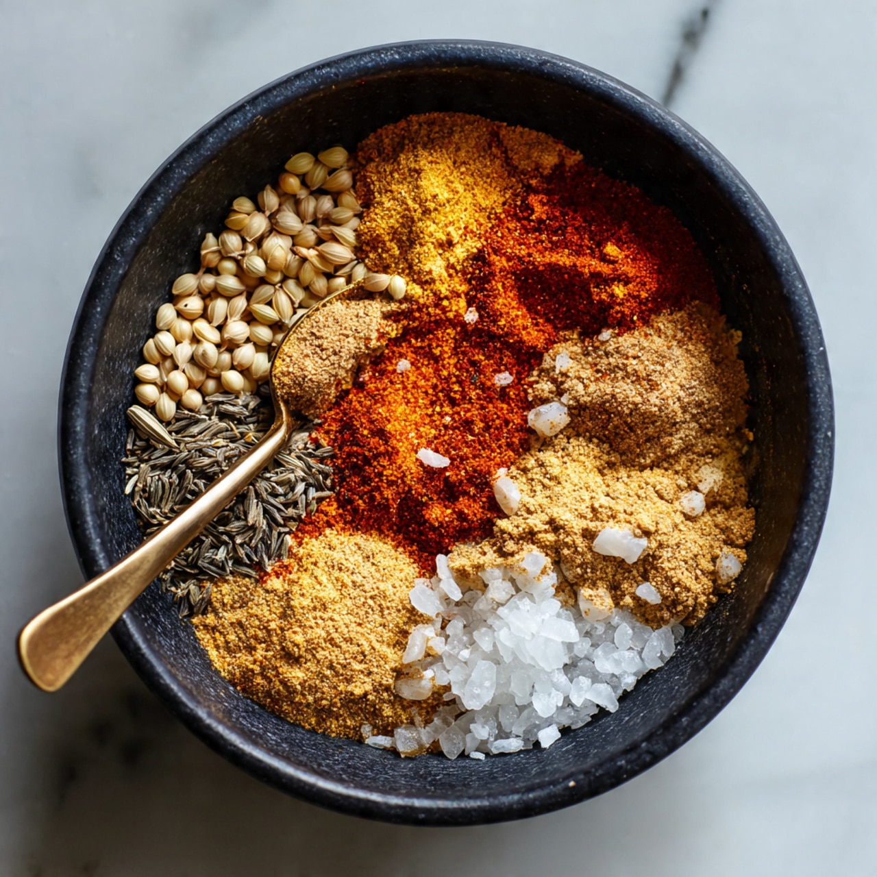 A close-up top view of a white bowl filled with a pile of finely ground brown spice powder with a rough texture, a small indentation is visible in the middle of the powder. The bowl is placed on a large black round tray with a ridged edge. Beside the bowl, there is a metal spoon filled with the same brown spice powder resting on the tray. The background is a white marbled surface. photo taken with an iphone --ar 4:5 --v 7