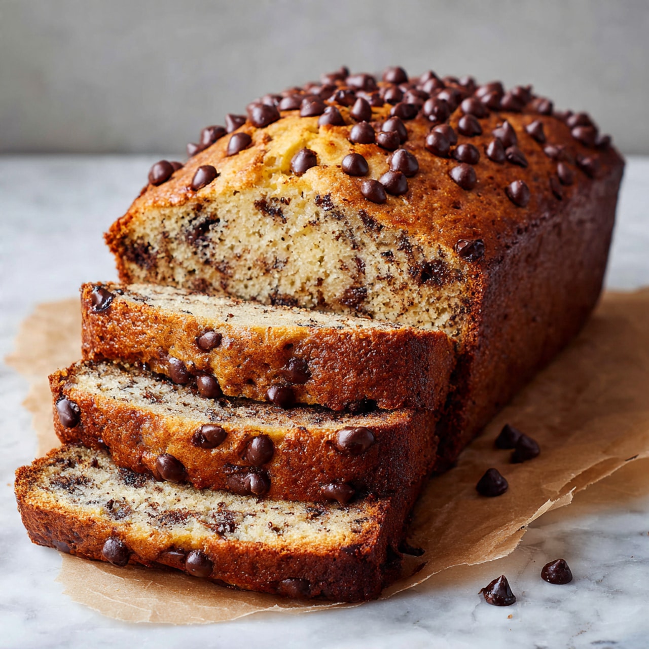A loaf of banana bread with chocolate chips is pictured, showing four slices stacked vertically on a white marbled surface covered with light brown parchment paper. The top layer is a golden-brown crust with scattered, round, dark chocolate chips on top. The inside layers are moist and light tan with many small and large dark chocolate chips evenly distributed throughout. Some chocolate chips are visible on the edges of the sliced bread. Photo taken with an iphone --ar 4:5 --v 7