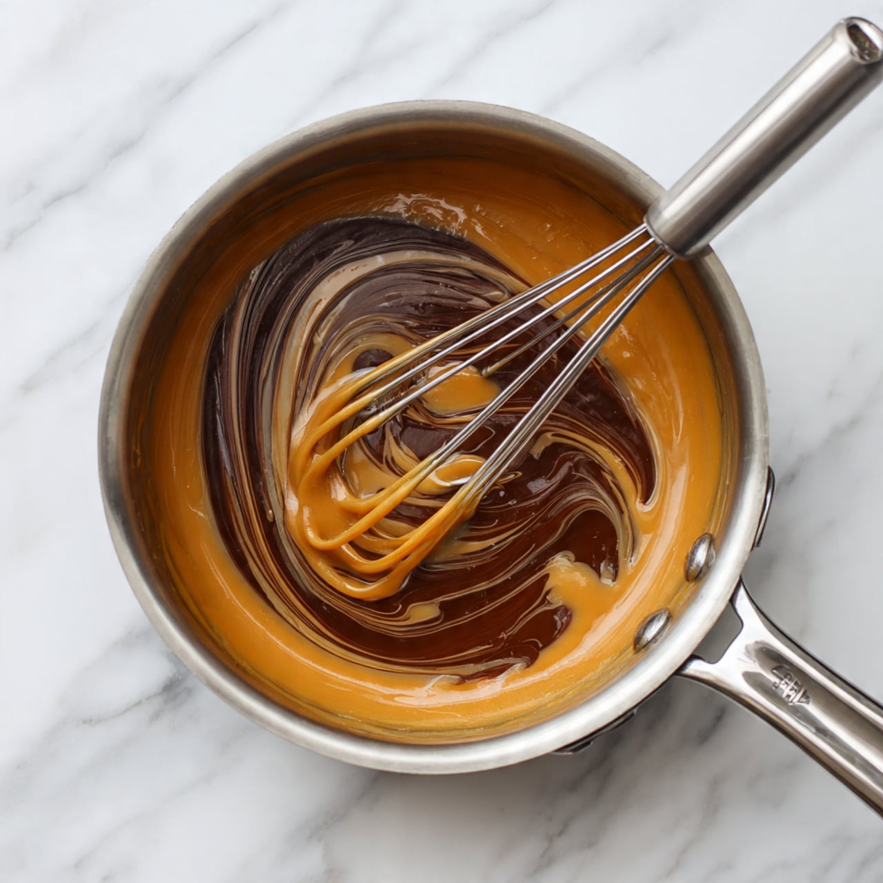 A square pan lined with parchment paper holds a pecan dessert with a shiny, rich brown top layer filled with whole pecan halves arranged evenly across the surface. The top layer has a glossy texture with some sprinkled flakes of salt visible on the pecans and filling. Beneath the pecans, a sticky, caramel-like layer peeks through, thick and textured with bits of crushed nuts mixed in. The dessert is set on a soft pink cloth, and the background is a white marbled surface. photo taken with an iphone --ar 4:5 --v 7