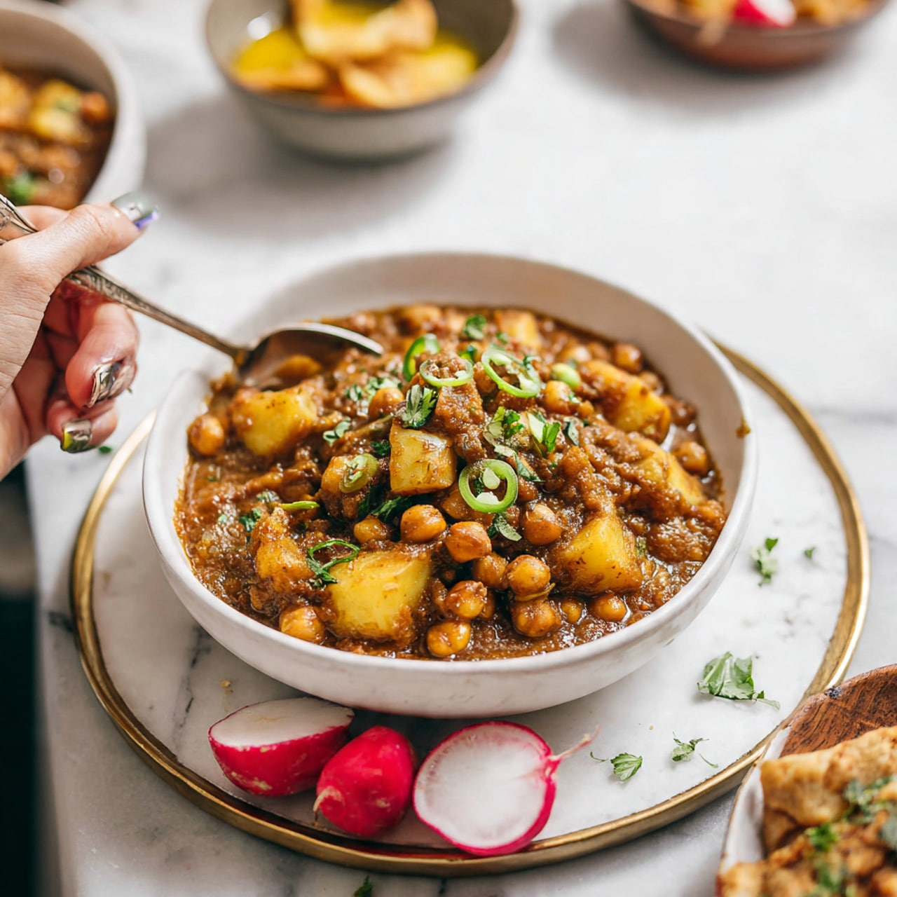 The image shows a close-up of a bowl filled with a thick, orange-brown chickpea curry layered with chunks of potatoes and garnished with chopped green cilantro leaves on top. The bowl is white and sits on a round pink metal tray with copper legs. In the background, a white bowl filled with white rice mixed with some green herbs is slightly out of focus. There is also a small glass container filled with yellow liquid, possibly a sauce, and a piece of lemon wedge placed nearby. A spoon with a copper handle rests on the white marbled surface near the tray. photo taken with an iphone --ar 4:5 --v 7