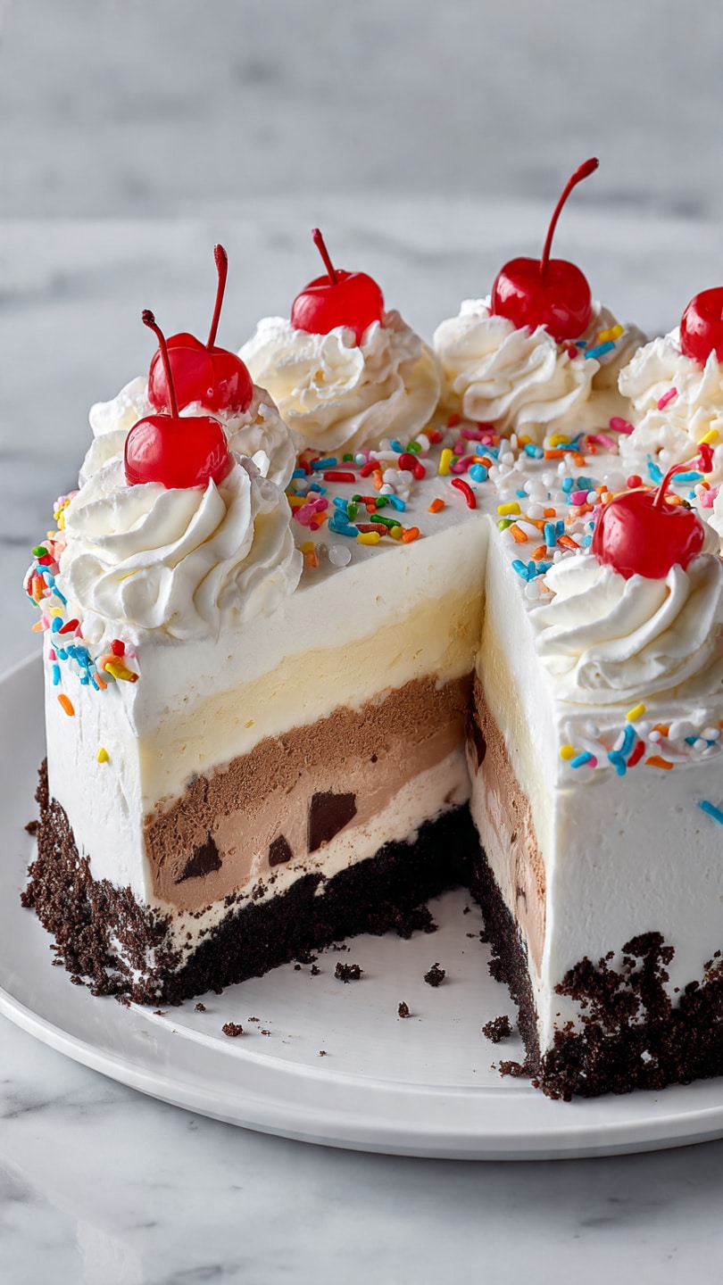 A round white cake with a smooth white cream layer all over it sits on a white plate, which has colorful sprinkles along the edge. The top edge of the cake is decorated with swirls of white whipped cream, each topped with a bright red cherry with a long stem. More colorful sprinkles are scattered on the whipped cream swirls. The background features a light blue wooden surface with some texture, adding a soft contrast to the white cake and plate. photo taken with an iphone --ar 4:5 --v 7