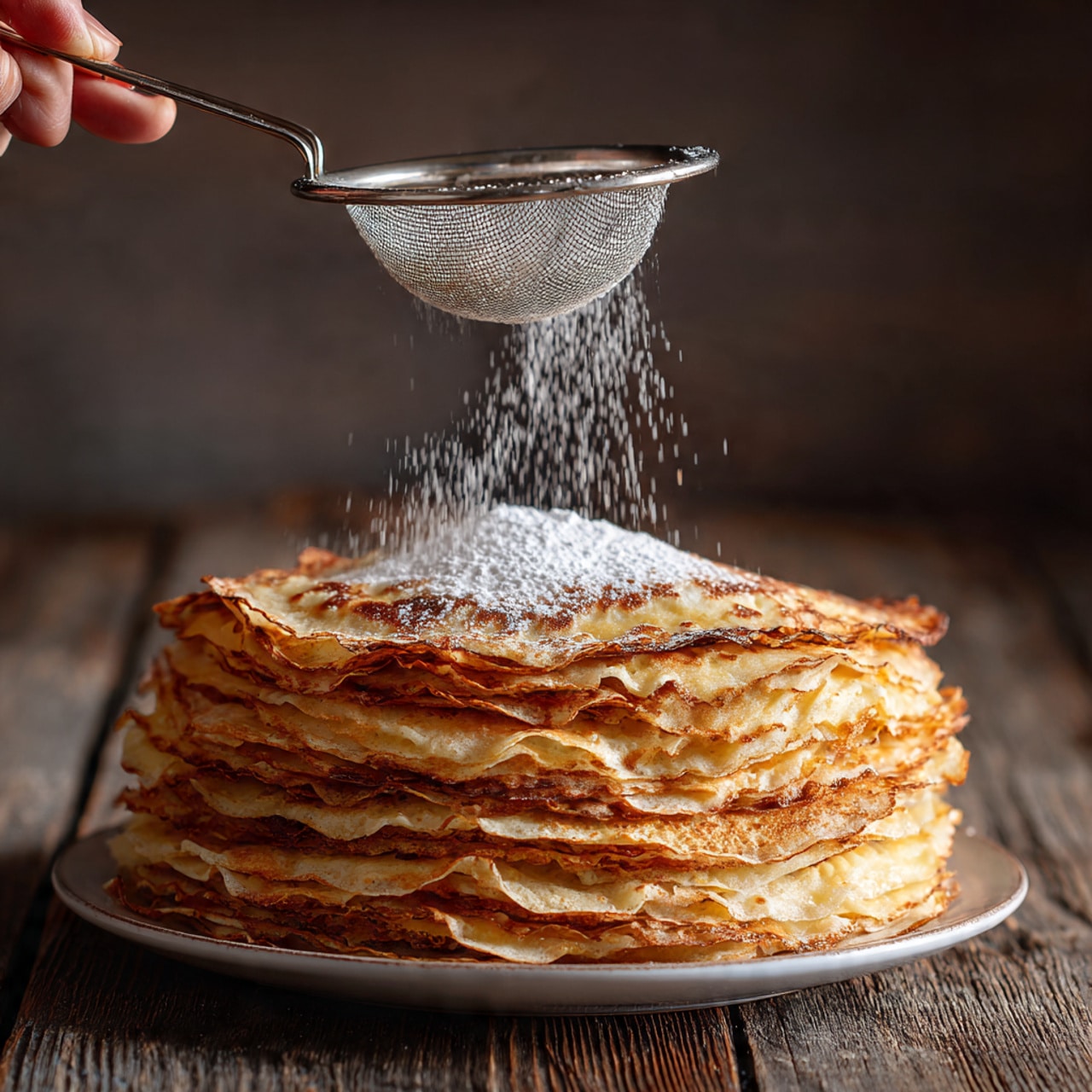 A stack of thin, golden-brown crepes with slightly crispy edges rests on a white plate. There are about ten layers, each showing light and darker brown spots from cooking. Above the crepes, a woman's hand holds a small metal sieve, dusting fine white powdered sugar over the top and sides of the stack, creating a soft blanket of sugar falling gently. The plate is placed on a rustic wooden surface with a blurred dark brown background. Photo taken with an iphone --ar 4:5 --v 7