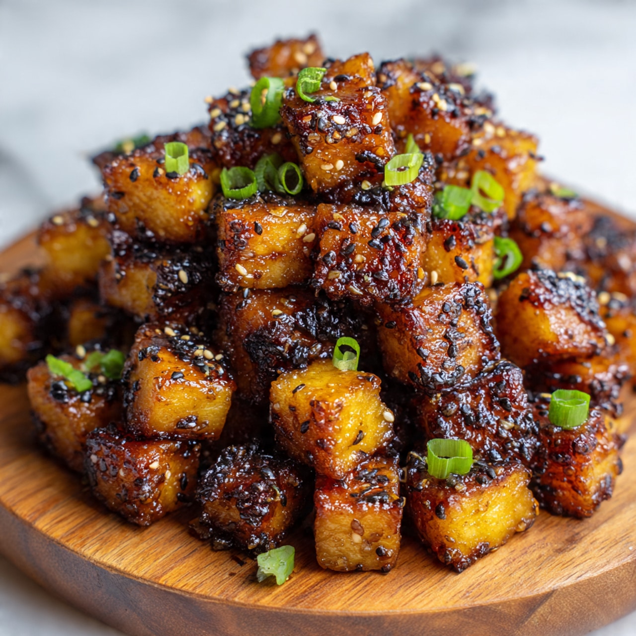 The image shows a close-up of several small, golden-brown pieces of cooked meat with a shiny glaze on their surface, piled on a wooden board. The meat pieces have a slightly crispy texture on the edges, indicating they are cooked well, and are sprinkled with black and white sesame seeds. Small pieces of chopped green onions are scattered throughout the pile, adding a fresh green color contrast. The background shows a blurred white bowl and a white marbled surface. The photo taken with an iphone --ar 4:5 --v 7