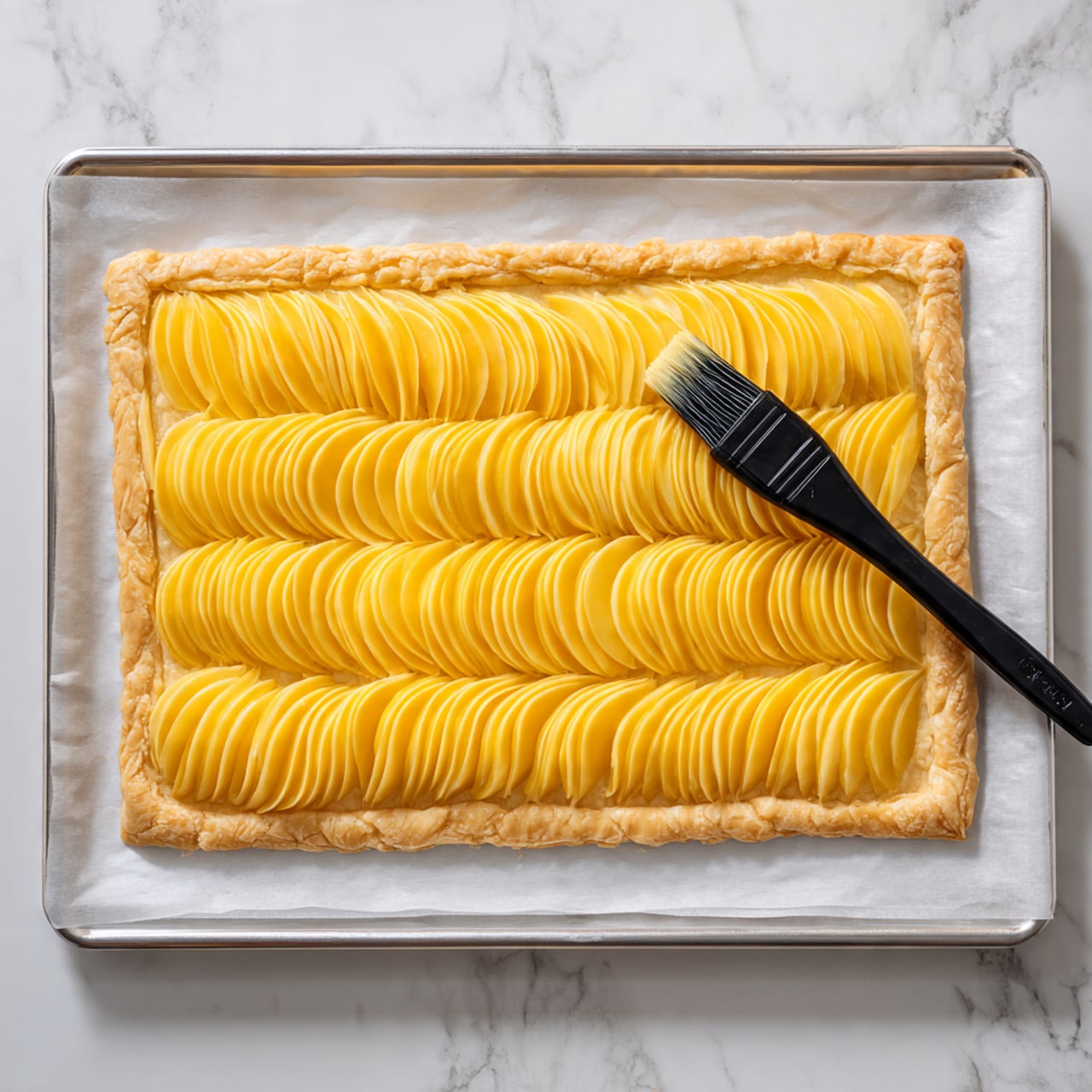 The image shows a single slice of apple tart with a golden brown, flaky crust on a white plate set on a white marbled surface. The tart's top layer has thinly sliced caramelized apples arranged neatly in rows, with a light dusting of powdered sugar around the edges. Next to the tart slice is a scoop of melting vanilla ice cream with creamy texture, slightly melting and spreading onto the plate. A silver fork is cutting into the tart from the left side, and a knife with a white handle lies above the ice cream. The lighting is soft and natural, highlighting the warm colors of the tart and ice cream. photo taken with an iphone --ar 4:5 --v 7