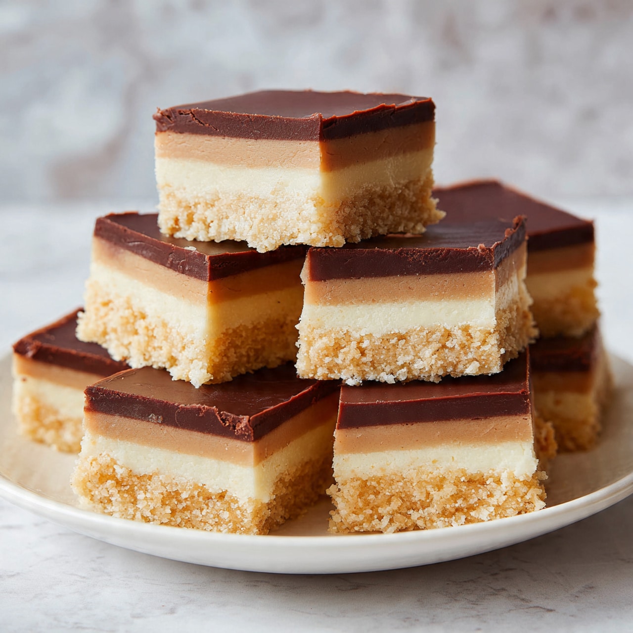 A stack of square dessert bars is shown closely, each bar has three clear layers. The bottom layer is a thick, crumbly, light brown oat base with a rough texture. Above it is a smooth, shiny, caramel-colored middle layer that looks creamy and soft. The top layer is a firm, dark chocolate sheet that is matte and slightly cracked on some edges. The bars are piled on a white marbled surface. The photo is sharp with soft natural light highlighting the different textures and layers, photo taken with an iphone --ar 4:5 --v 7