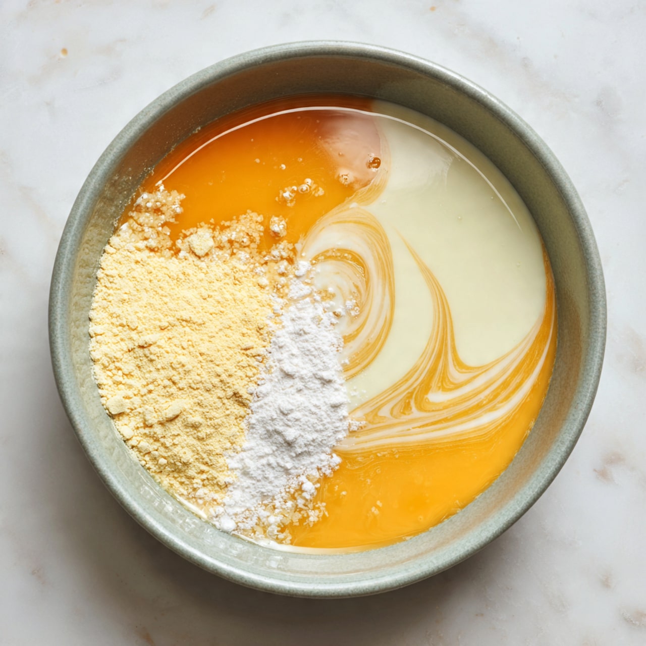 A close-up of a shiny, golden brown round dessert ball resting on a gold spoon, with several similar balls softly blurred in a white bowl in the background. The surface of the ball looks smooth and slightly sticky, showing some textured glistening, with warm orange and brown tones. The white bowl sits on a white marbled surface with soft natural lighting giving the scene a gentle, clean look. photo taken with an iphone --ar 4:5 --v 7