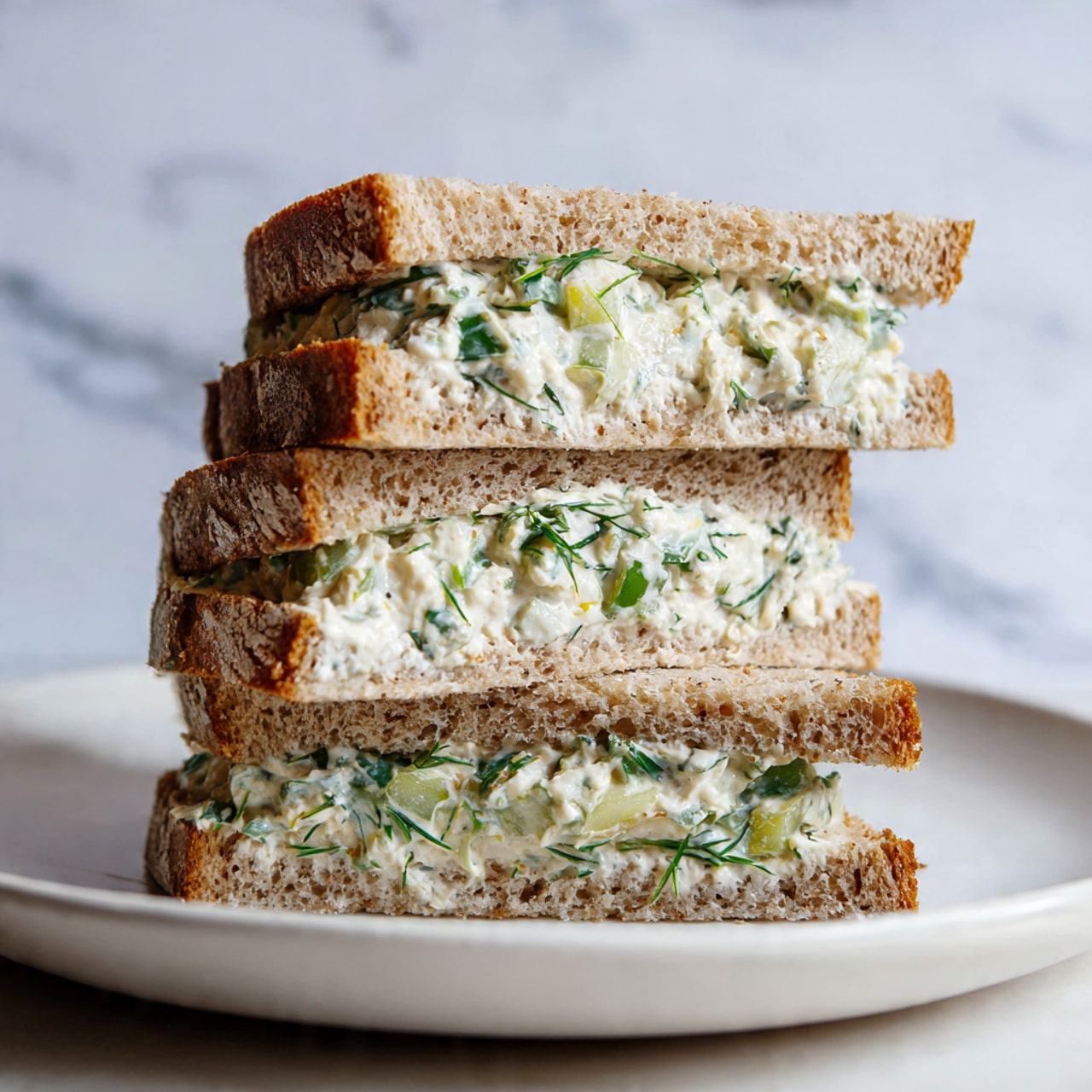 A single slice of brown bread topped with a thick, creamy white spread mixed with small pieces of green vegetables, placed in the center of a round white plate with a speckled texture. In the top right corner, part of another white plate is visible holding fresh green leafy lettuce. The background is a white marbled surface. Photo taken with an iphone --ar 4:5 --v 7