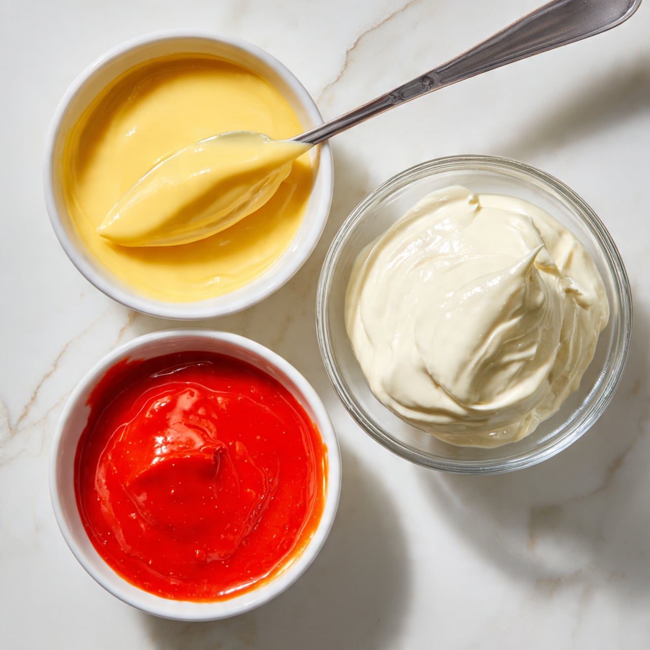 The image shows three white meringue nests on a white marbled surface. Each nest has a smooth, cracked outer shell with a soft, creamy yellow filling inside, swirled with bright red raspberry sauce. One meringue is broken open, revealing the layered filling clearly. Each nest is topped with a small dollop of white cream, a fresh red raspberry, and a small green mint leaf. Around the nests, there are extra red raspberries and crushed pistachio nuts scattered on the surface. The lighting highlights the shiny texture of the filling, with a soft blurred background. photo taken with an iphone --ar 4:5 --v 7