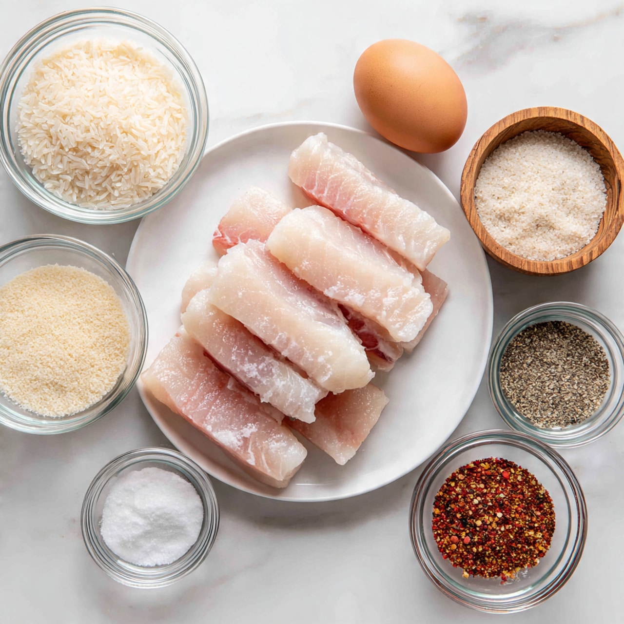 The image shows a white plate in the center with six pieces of raw, pale pink fish fillets laid out neatly, slightly overlapping each other. Around the plate are six small glass and wooden bowls, each holding different ingredients: a wooden bowl with fine white breadcrumbs at the top right, a glass bowl with a single brown egg at the top left, a round glass bowl with coarse white rice flakes at the bottom left, and four small glass bowls on the right side containing black pepper, a mixed seasoning with red and brown specks, light brown powder, and coarse white salt. All items rest on a white marbled surface. photo taken with an iphone --ar 4:5 --v 7
