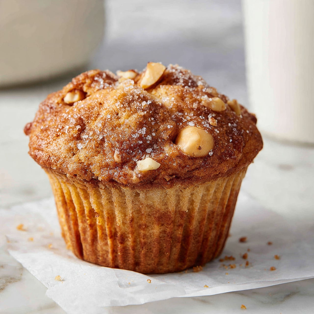A single golden brown muffin with a rough, bumpy surface is sitting on a piece of white parchment paper. The top of the muffin is sprinkled with visible sugar crystals that add a slight sparkle. Small chunks of light-colored nuts or fruit are embedded in the muffin's top layer, giving it texture and variation. The muffin rests on a white marbled surface with a few small crumbs scattered around it. In the background, part of a blurred white container is visible, adding depth to the image. photo taken with an iphone --ar 4:5 --v 7