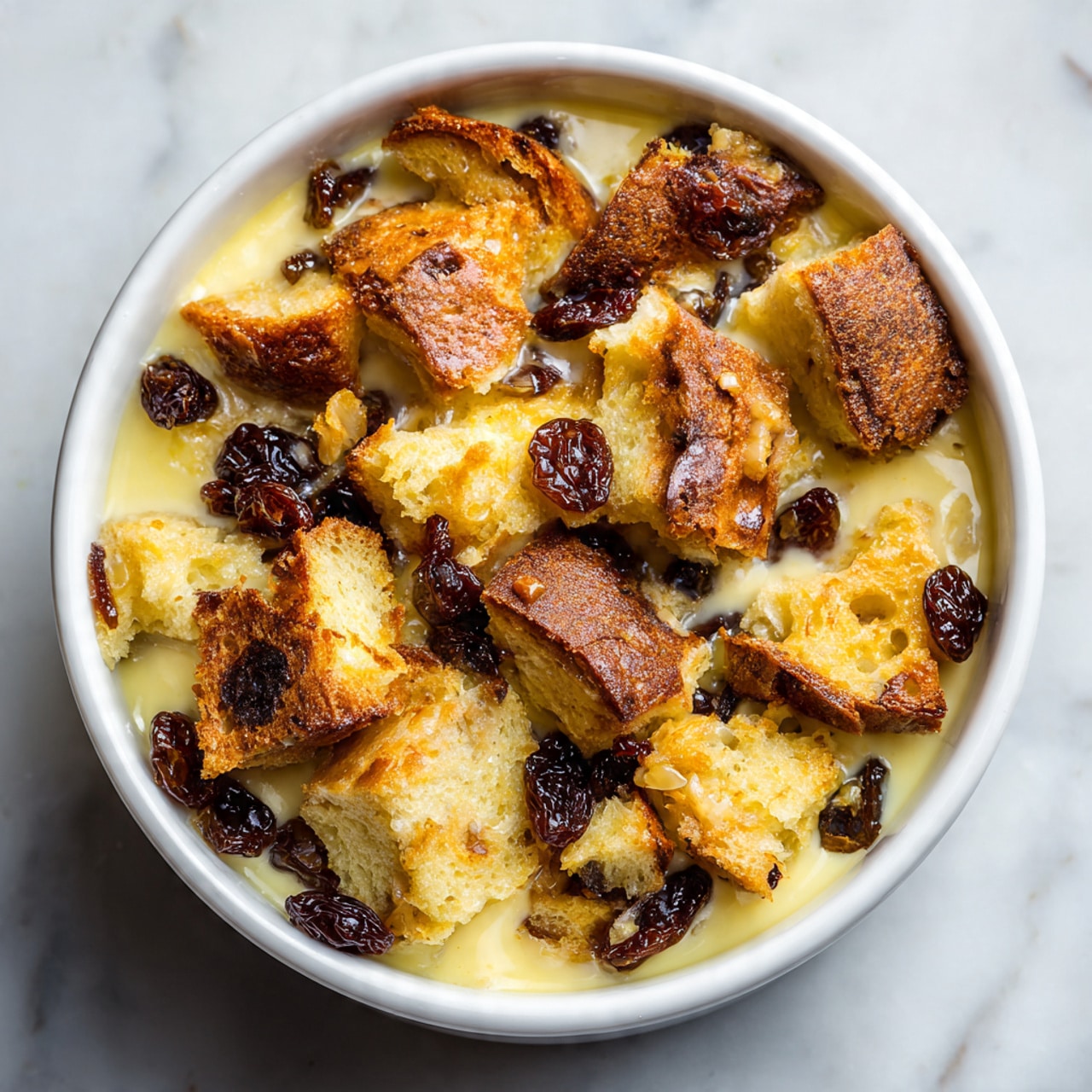 A close-up view of a thick square piece of bread pudding sitting on a white plate with a white marbled background. The bread pudding has a golden brown crust with visible soft, light beige inner layers showing its texture. On top, there is a large scoop of plain white ice cream starting to melt and drip down the sides of the bread pudding. A shiny silver spoon is pressing gently into the ice cream scoop. Surrounding the bread pudding on the plate are three red strawberries, one sliced in half showing its juicy red inside and green leaves. photo taken with an iphone --ar 4:5 --v 7