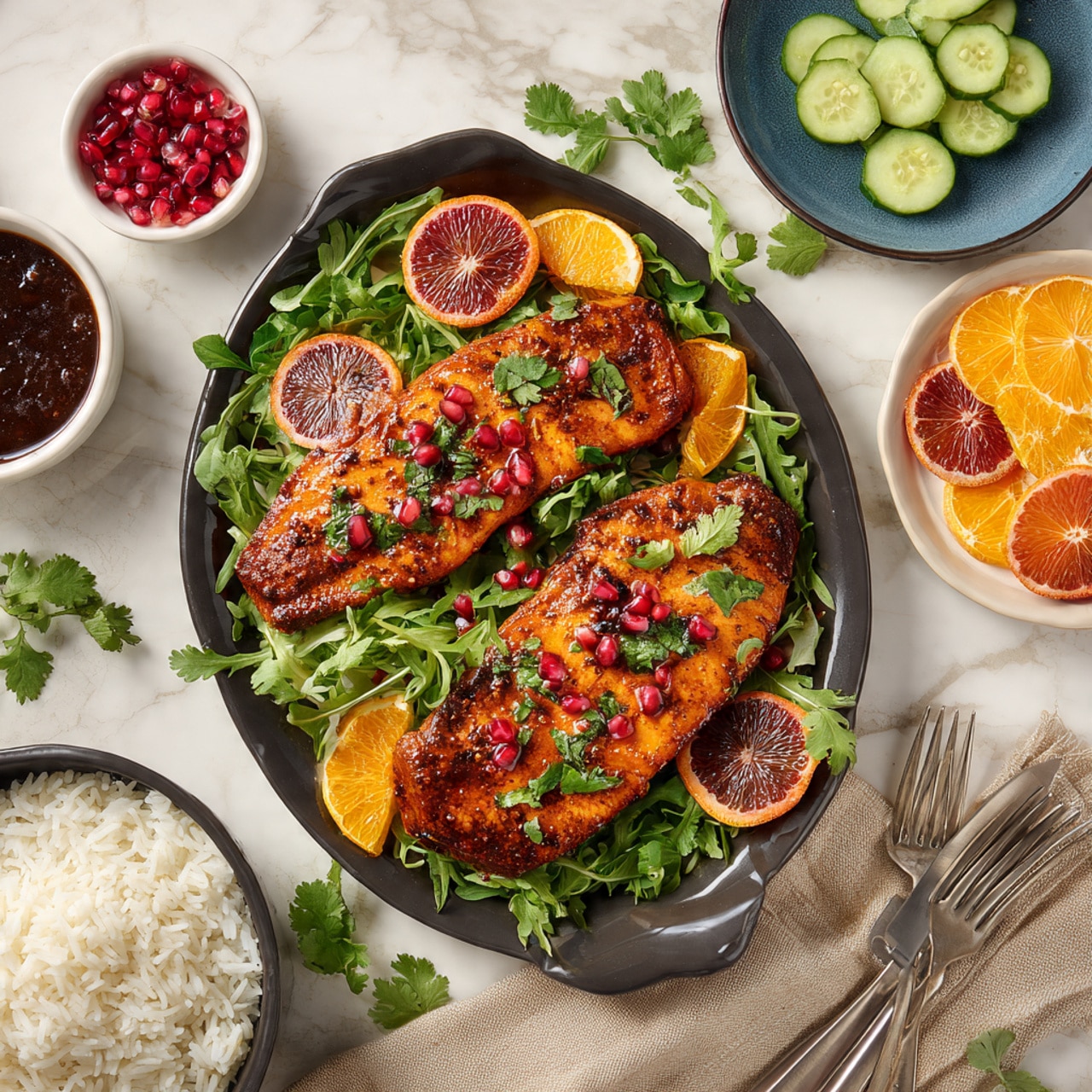 The dish shows two golden brown cooked fish fillets placed in the center on a bed of green leafy arugula. On top of the fillets are bright orange and deep red blood orange slices evenly spread. Small red pomegranate seeds are scattered over the fillets and citrus slices. A few green parsley leaves add fresh color in the middle. The whole arrangement is set against a white marbled background. photo taken with an iphone --ar 4:5 --v 7