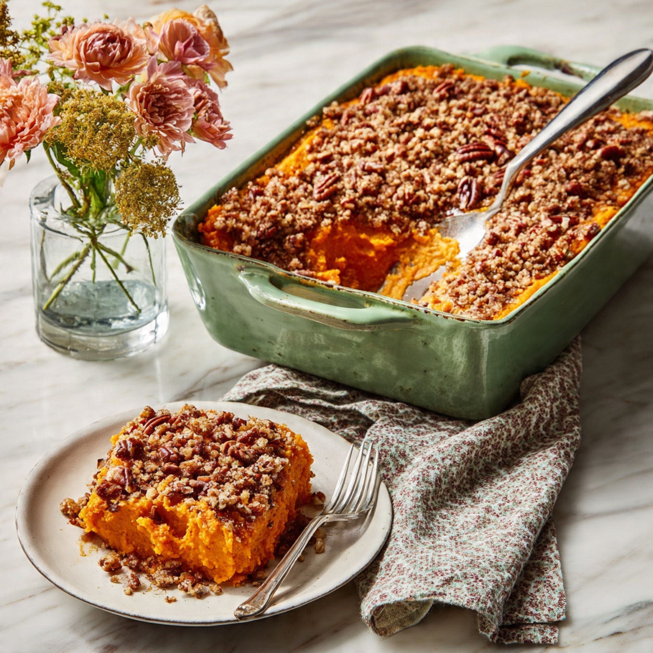 A square green baking dish filled with a two-layer casserole sits on a white marbled surface; the bottom layer is soft orange sweet potato mash, and the top layer is a crumbly brown streusel with chopped pecans scattered throughout. A silver serving spoon rests inside the dish, scooping out a portion of the casserole. In the foreground, a white plate holds a square serving of the same two-layer dish, showing the orange layer underneath and the crunchy pecan topping clearly. Beside the plate is a folded patterned napkin with a silver fork on it, and to the right, a small clear vase holds a bouquet of light orange and pink flowers. Photo taken with an iphone --ar 4:5 --v 7
