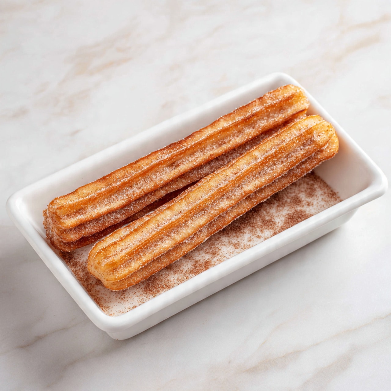 A close-up view of a golden brown churro dipped halfway into a small white cup filled with thick, dark chocolate sauce. The churro shows a crispy, sugar-coated texture with visible ridges along its length. The smooth chocolate sauce clings to the churro, creating a glossy contrast. In the background, several more churros lie on a white marbled surface, slightly out of focus. A woman's hand holds the churro on the top right side of the image. Photo taken with an iphone --ar 4:5 --v 7
