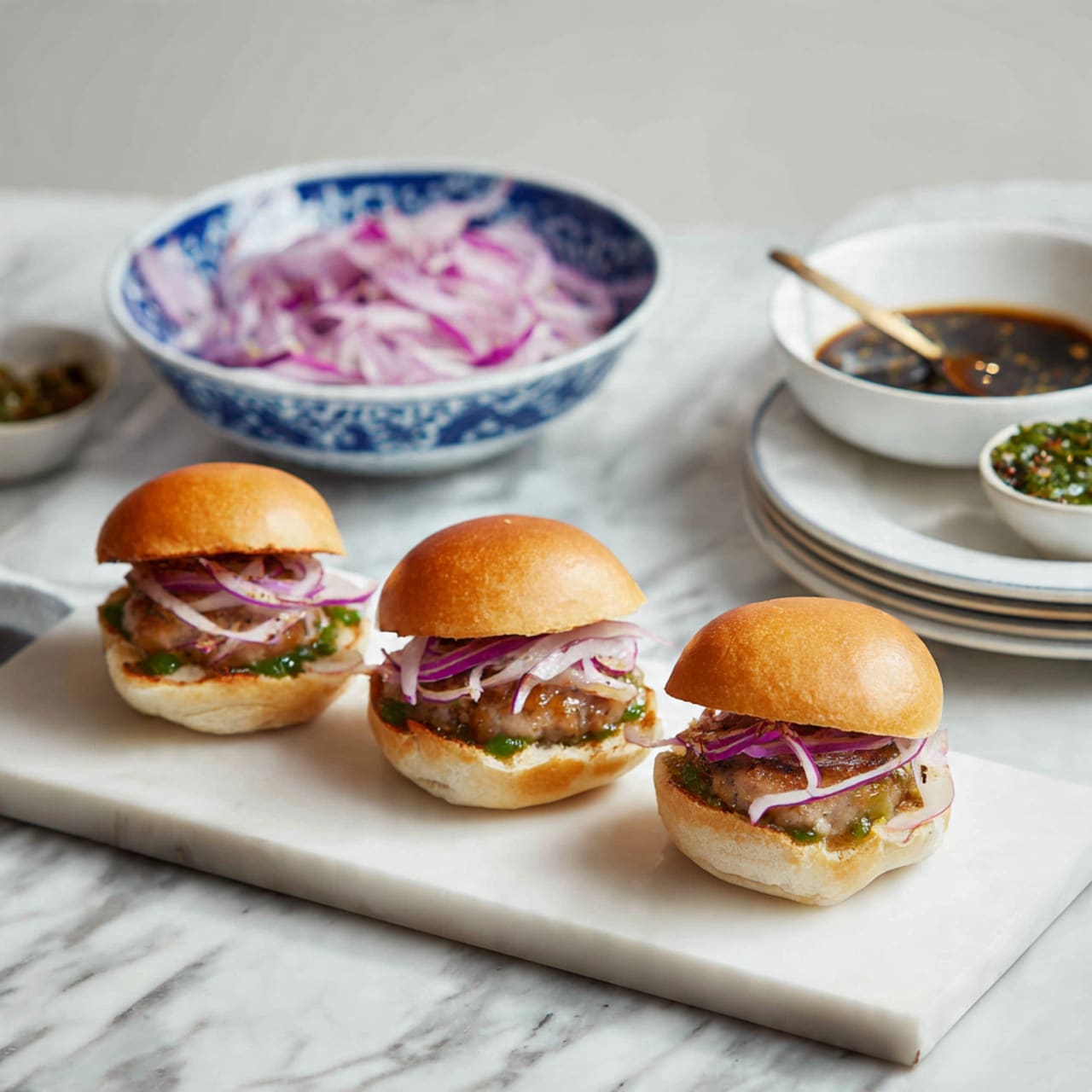 Three small sandwiches are placed in a row on a white marble board. Each sandwich has a golden-brown soft bun on top and bottom, with a visible grilled patty inside, topped with thin slices of bright purple onion and a green sauce spread on the bottom bun. Behind the sandwiches, there are two white plates; one filled with thinly sliced purple onions, and another holding a blue and white patterned bowl containing a dark sauce with a spoon inside. Next to it, another similar bowl contains a green sauce. The whole scene is shown on a white marble surface. Photo taken with an iphone --ar 4:5 --v 7