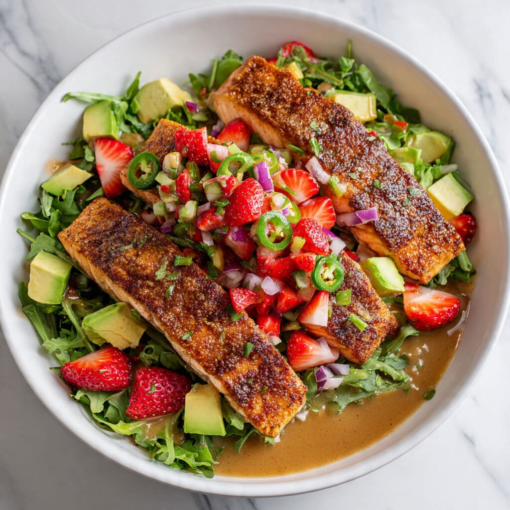 Grilled Salmon Salad with Strawberry Vinaigrette and Salsa Recipe