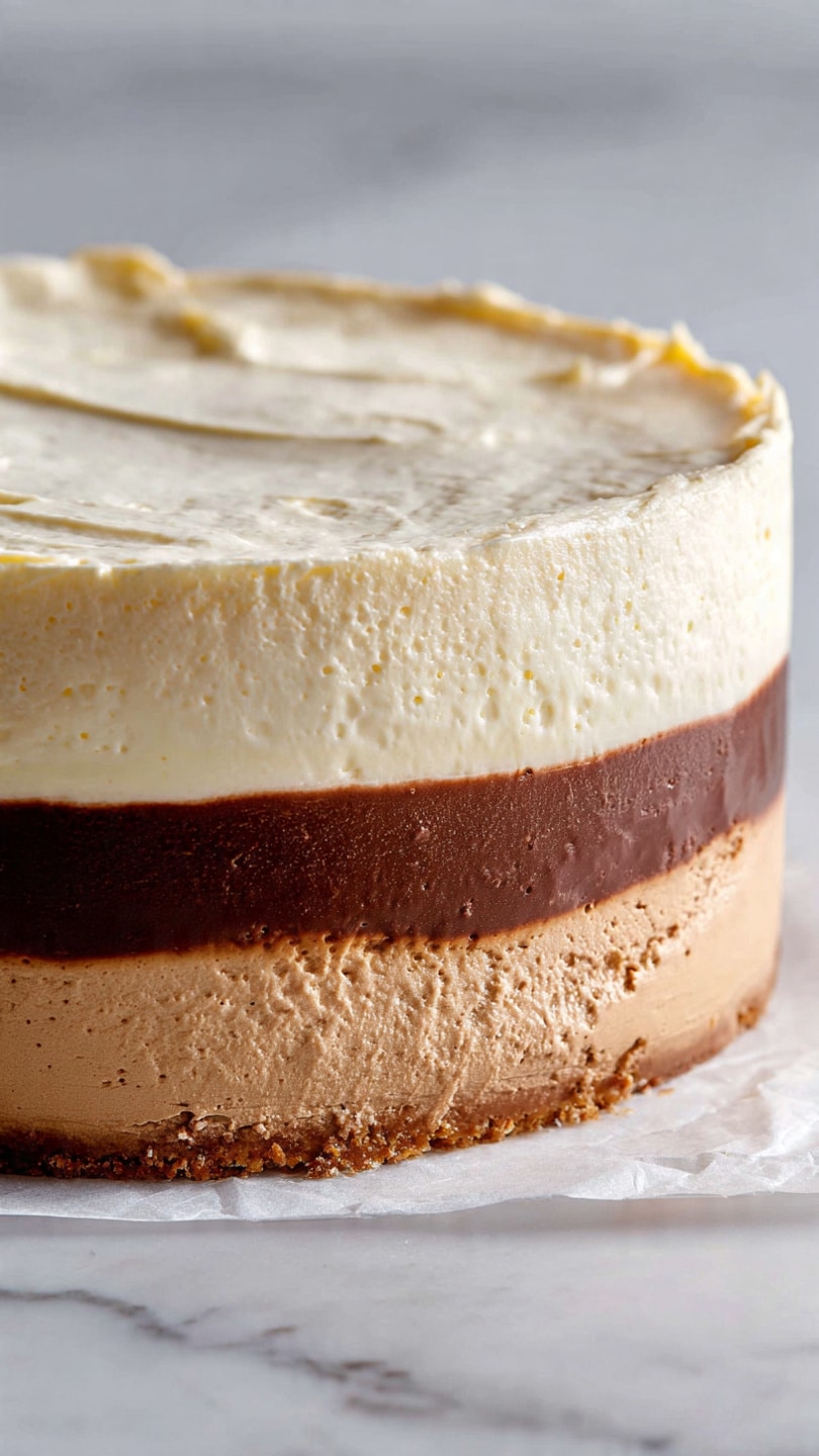 The image shows a round, three-layer cake on a white marbled surface with white paper underneath. The bottom layer is a thick, light brown mousse or cream with a smooth texture and some visible wrinkles. The middle layer is a thin, dark brown chocolate layer, smoother and shinier than the bottom. The top layer is a thick, off-white cream with a slightly wrinkled texture and some small indentations. The cake’s side shows slight imperfections and a small torn section near the top layer. The overall colors transition from light brown at the bottom to dark brown in the middle and creamy white at the top. photo taken with an iphone --ar 4:5 --v 7