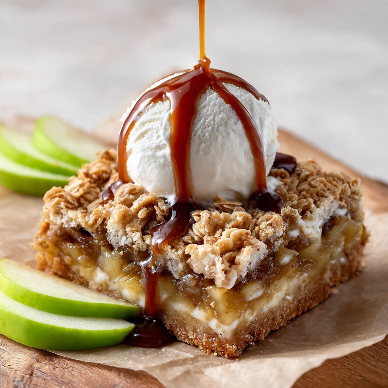A square piece of apple crumble bar sits on light brown parchment paper over a wood surface, with visible layers: a thick golden brown crust base, a chunky apple filling with a caramel glaze over it, and a crumbly oat topping that is golden and textured. On top of the crumble bar is a scoop of white vanilla ice cream, around which dark brown caramel sauce is being poured from above, dripping down the sides. Nearby, fresh green apple slices rest on the parchment paper. The background is out of focus with a plain white look. Photo taken with an iphone --ar 4:5 --v 7