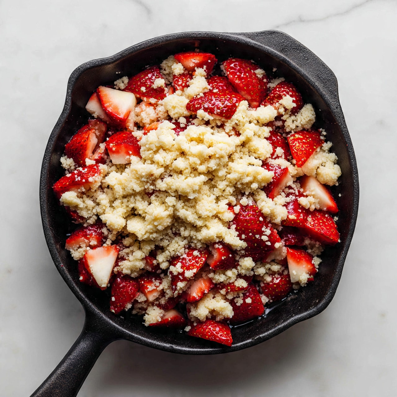 A white plate holds a serving of strawberry crumble with two scoops of light cream-colored ice cream on the left side. The crumble has a visible layer of red strawberry pieces mixed with a golden-brown crumbly topping scattered unevenly over the fruit. A shiny golden spoon rests on the right edge of the plate, touching the crumble. The plate is placed on a white marbled surface. Photo taken with an iphone --ar 4:5 --v 7