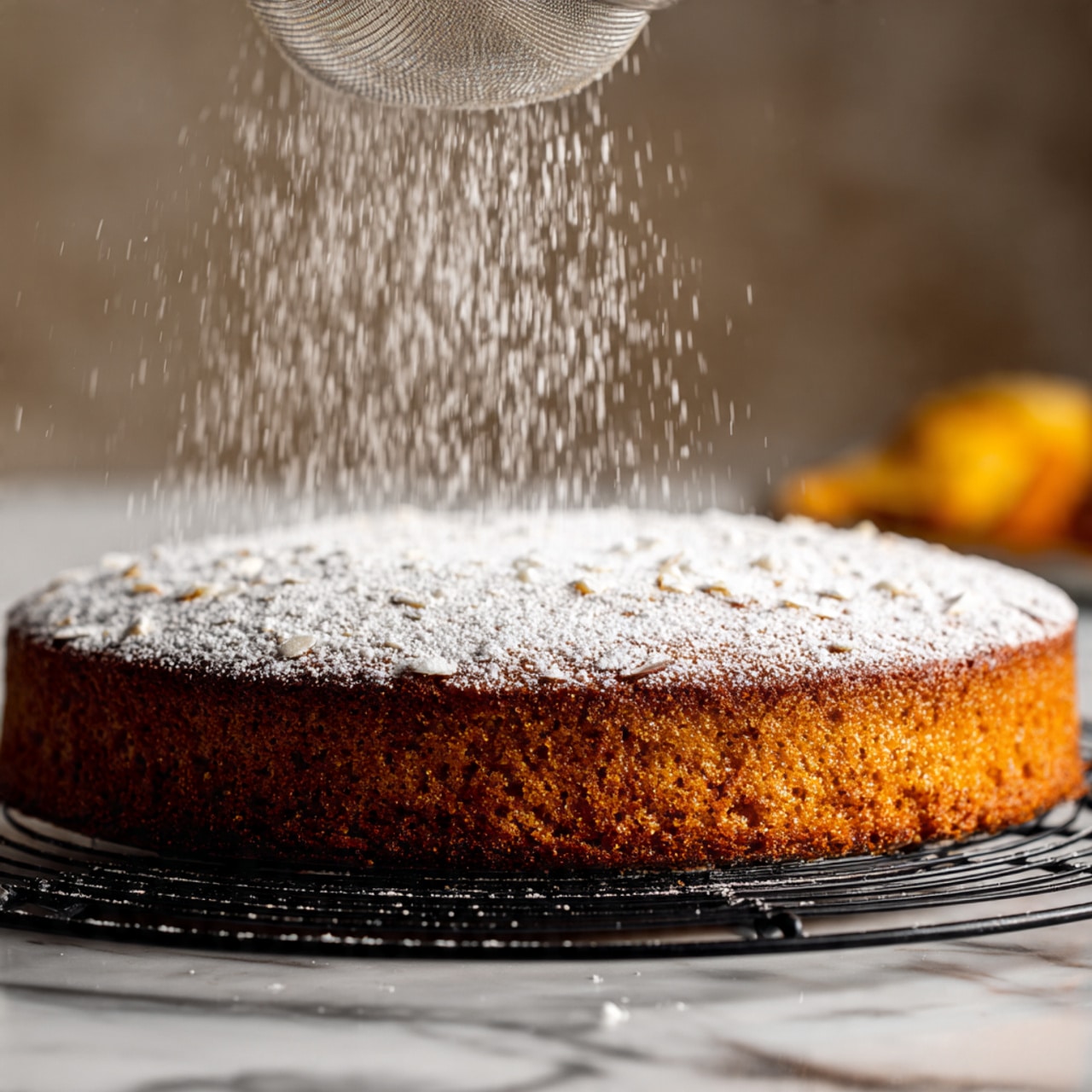 A round cake with a golden-brown crust sits on a black wire cooling rack. The top layer is covered with a light dusting of white powdered sugar being sprinkled through a metal sieve held by a woman's hand above the cake. The cake has a firm texture with small almond slices visible on top beneath the powdered sugar. The scene shows a white marbled surface underneath the rack and the blurred background features a golden dog looking towards the cake. Photo taken with an iphone --ar 4:5 --v 7