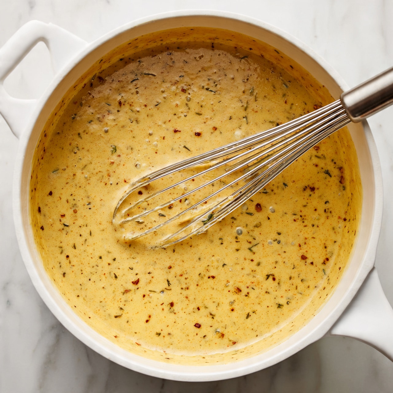 The dish shows a white plate with three large pieces of chicken covered in a thick, creamy yellow curry sauce, seasoned with black mustard seeds and red chili flakes scattered on top. The chicken pieces rest on a base layer of fluffy white rice, which is partly visible around the edges. There is also a small green vegetable piece in the sauce near the front of the plate. A silver fork is placed to the right of the chicken, resting on the plate’s edge. The background surface is a white marbled texture. photo taken with an iphone --ar 4:5 --v 7