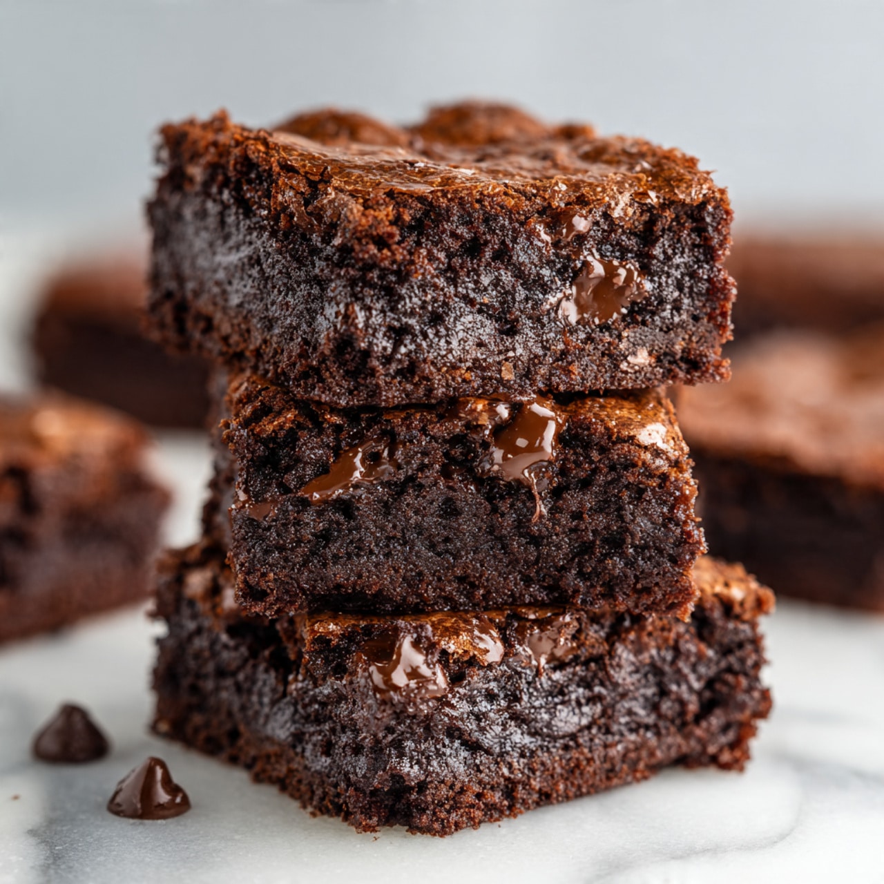 Three thick layers of chocolate brownies are stacked unevenly on a white marbled surface, each layer showing a rich dark brown color with a moist, soft texture. The brownies have melted chocolate chips that glisten on the top and inside the pieces, adding a shiny, slightly rough look. The top brownie leans slightly to the side, and the edges look soft but firm. The background is blurred with more brownies visible, keeping the main focus on the stack in front photo taken with an iphone --ar 4:5 --v 7