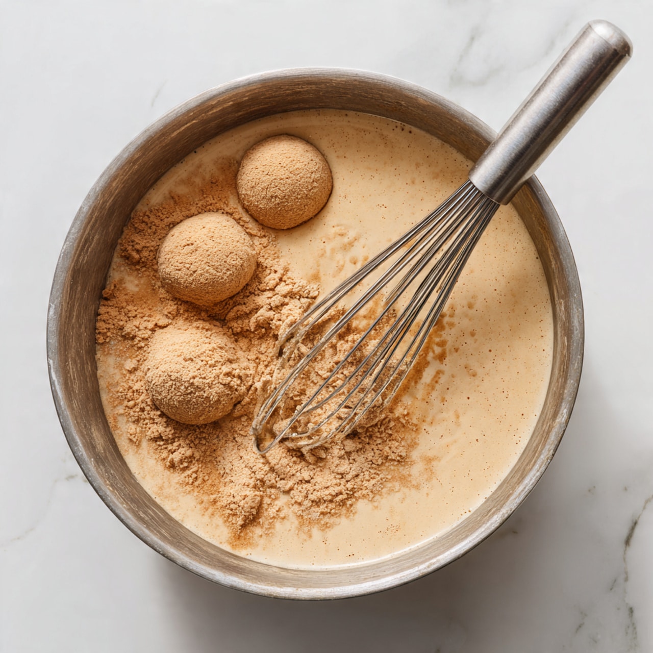 A close-up image shows three scoops of smooth, creamy light brown chocolate ice cream being lifted with a metal ice cream scoop with a blue handle inside a metal rectangular container filled with more chocolate ice cream; the surface of the ice cream inside the container is soft with some uneven textures from scooping, all placed on a white marbled surface photo taken with an iphone --ar 4:5 --v 7