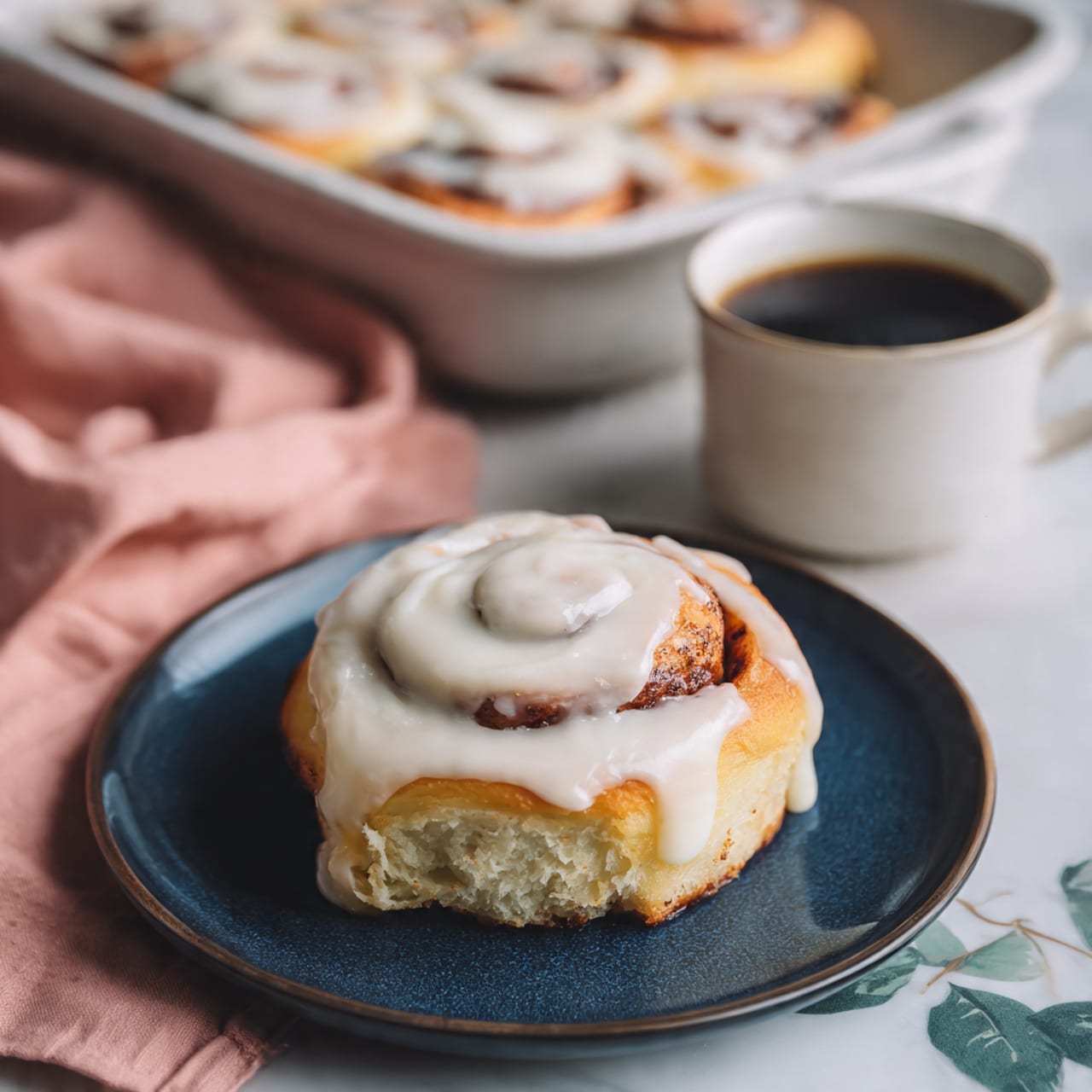 A single cinnamon roll sits on a dark blue plate, showing two layers: a thick, soft, light golden-brown dough base topped with a thick layer of creamy white icing that slightly drips down the sides. In the background, a white baking dish holds more cinnamon rolls with visible swirls of dough and icing on top. There is a white cup filled with black coffee near the plate, and a soft pink cloth is casually placed to the side. The entire scene is set on a white marbled surface with faint green leaf patterns. Photo taken with an iphone --ar 4:5 --v 7