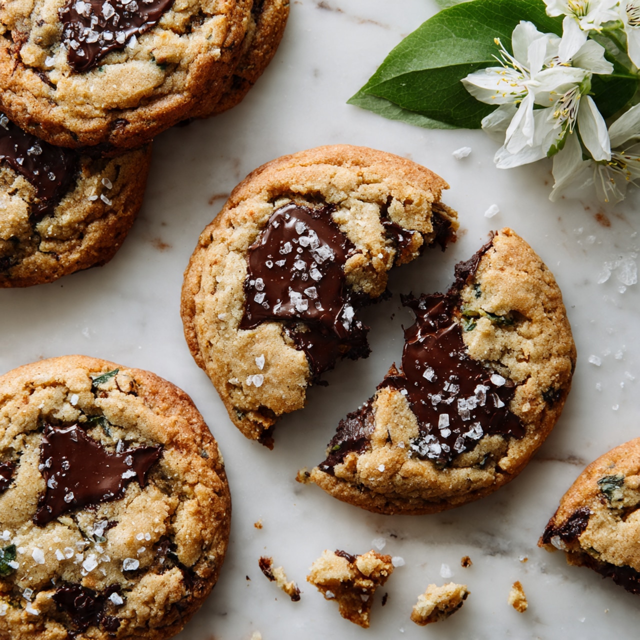 A group of golden brown oatmeal cookies with large, melted dark chocolate chunks scattered on top and within each cookie, giving a rich, sticky texture contrast. The cookies are unevenly shaped and placed close together on a white marbled surface. Some cookies are garnished with small green leaves and white flowers with green centers, adding a fresh, natural touch. A few oats are sprinkled lightly around the cookies, enhancing the texture detail. Photo taken with an iphone --ar 4:5 --v 7
