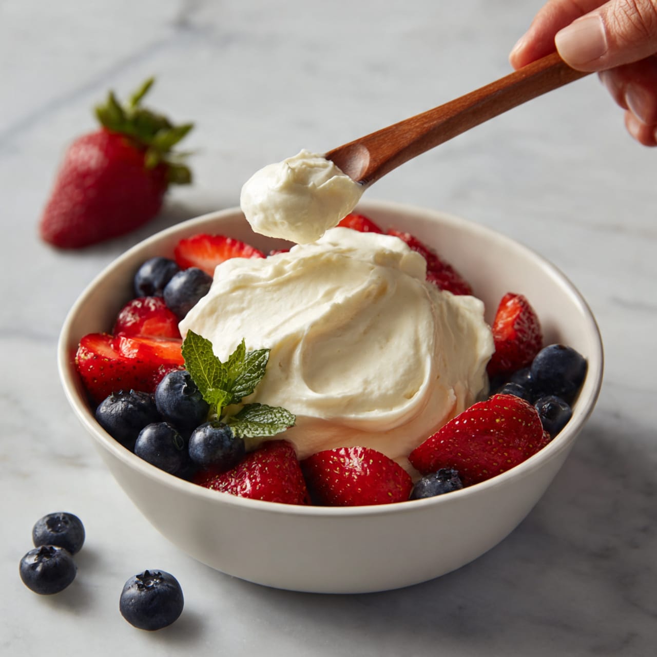 A tall swirl of creamy white whipped cream is layered smoothly in a clear glass cup with a stem, forming thick, soft ridges that spiral upward to a peak. The whipped cream shows tiny visible vanilla specks, adding a hint of texture to the smooth, light surface. The glass is set against a soft, light blue background, highlighting the softness and fluffiness of the cream inside. photo taken with an iphone --ar 4:5 --v 7