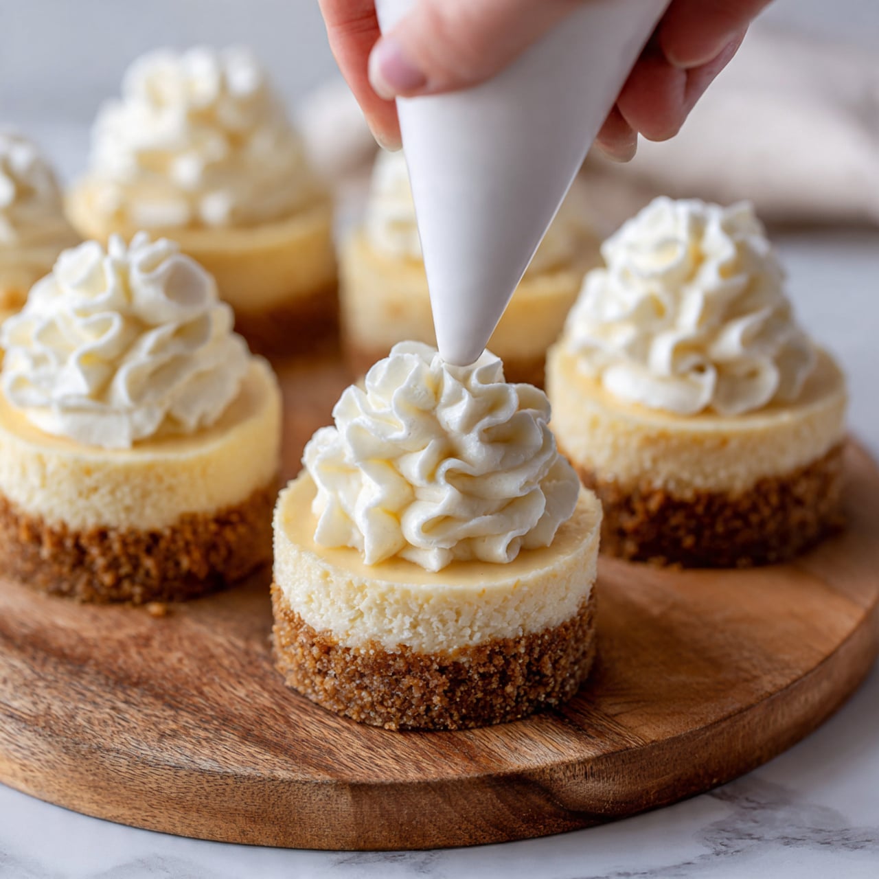 A small cheesecake cupcake held by a woman's hand, showing three layers: a golden brown crumb crust at the bottom, a thick yellowish creamy cheesecake layer in the middle with a smooth texture, and a swirl of white whipped cream topping. On top of the whipped cream, there are three berries—one red raspberry and two dark blue blueberries—along with a small green mint leaf. The berries and leaves are lightly dusted with powdered sugar. The background has a soft white marbled texture. Photo taken with an iphone --ar 4:5 --v 7