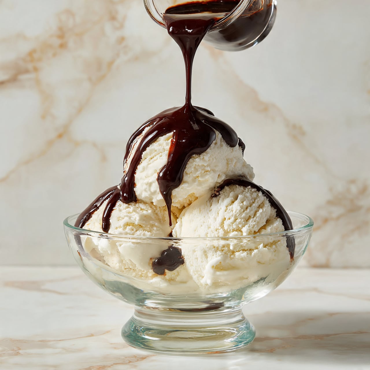 A close-up view of smooth, dark brown chocolate frosting thickly spread inside a white bowl with a creamy, rich texture. The frosting shows swirled patterns and folds, with a shiny, soft surface. A metal spoon is partially visible at the bottom right, slightly dipped into the frosting, highlighting its thick and spreadable consistency. The background and surface are white marbled texture. photo taken with an iphone --ar 4:5 --v 7