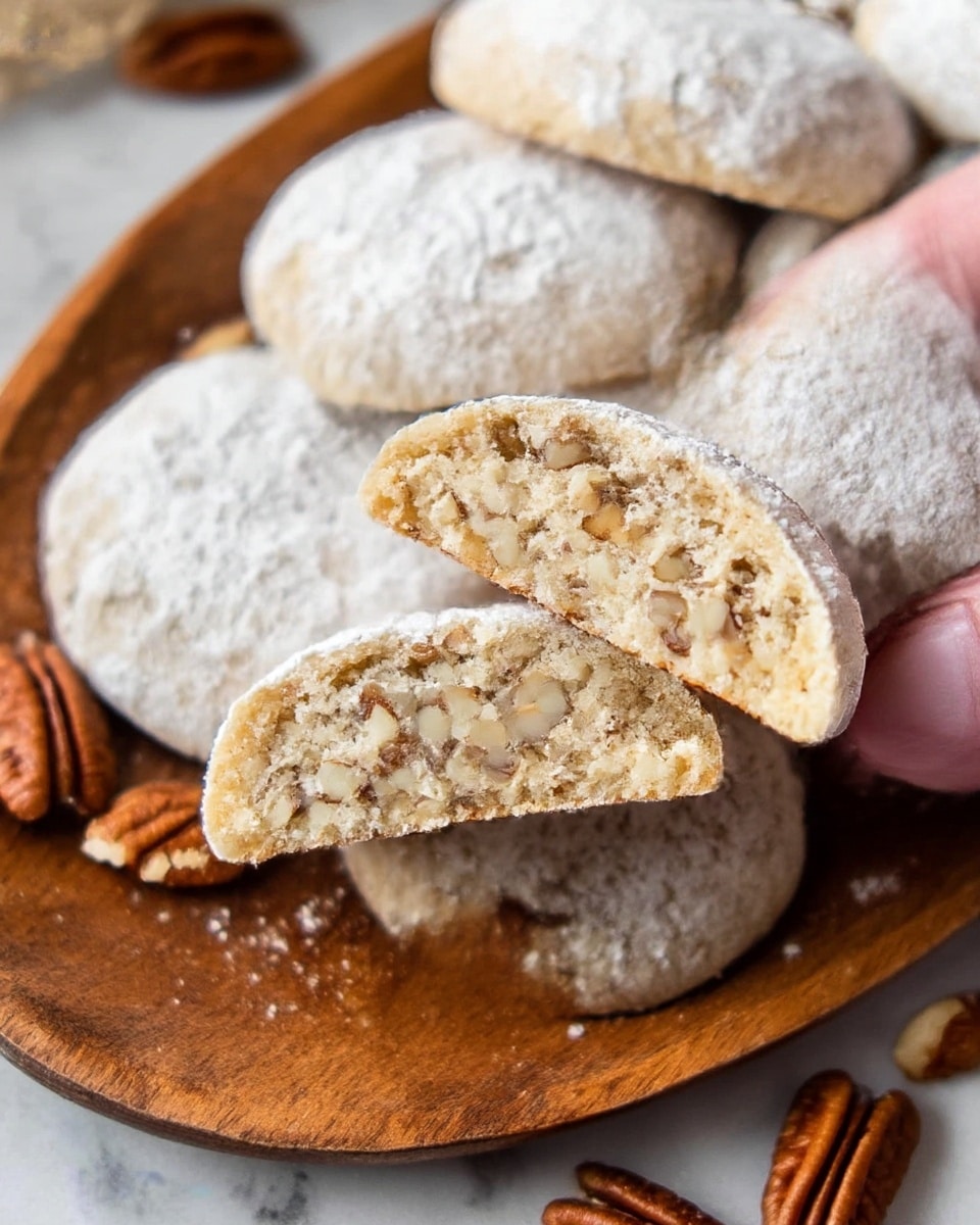 A white bowl filled with round cookies covered in white powdered sugar, stacked in a small pile. One cookie is broken in half and placed at the front, showing a dense, crumbly light beige inside with small brown nut pieces. The bowl sits on a white marbled surface scattered with pecan nuts and white flakes, with golden Christmas decorations nearby, including snowflake shapes and a round ornament. photo taken with an iphone --ar 4:5 --v 7