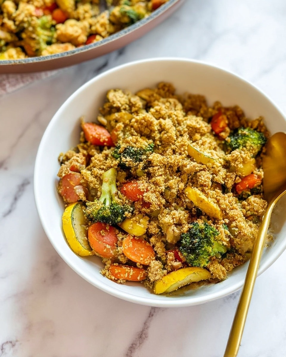 The image shows a white bowl filled with two main layers. The bottom layer has bright pieces of cooked vegetables including carrot slices, broccoli florets, and yellow squash slices, all showing crisp-tender texture and rich colors. The top layer is a crumbly, light brown cooked mixture that looks like seasoned textured protein or a crumble topping, scattered evenly over the vegetables. A golden spoon is placed inside the bowl on the right side. The background is a white marbled surface with a pan of more food slightly out of focus behind the bowl. photo taken with an iphone --ar 4:5 --v 7