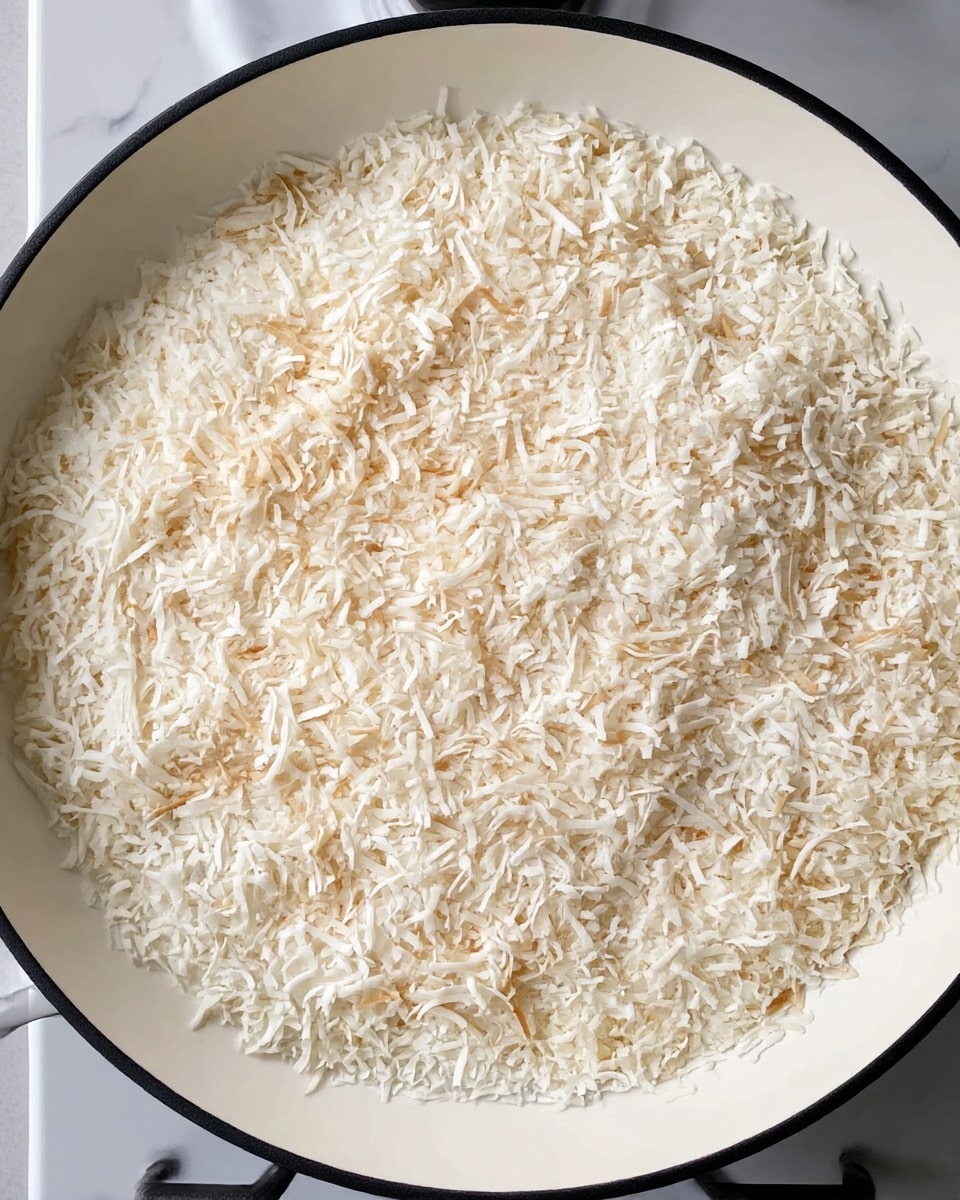 The image shows a large white pan with a black rim on a stove, filled with shredded coconut that is lightly toasted. The coconut pieces vary in color from white to light brown, scattered unevenly across the surface of the pan. The background is a white marbled texture that highlights the pan and the toasting process. photo taken with an iphone --ar 4:5 --v 7