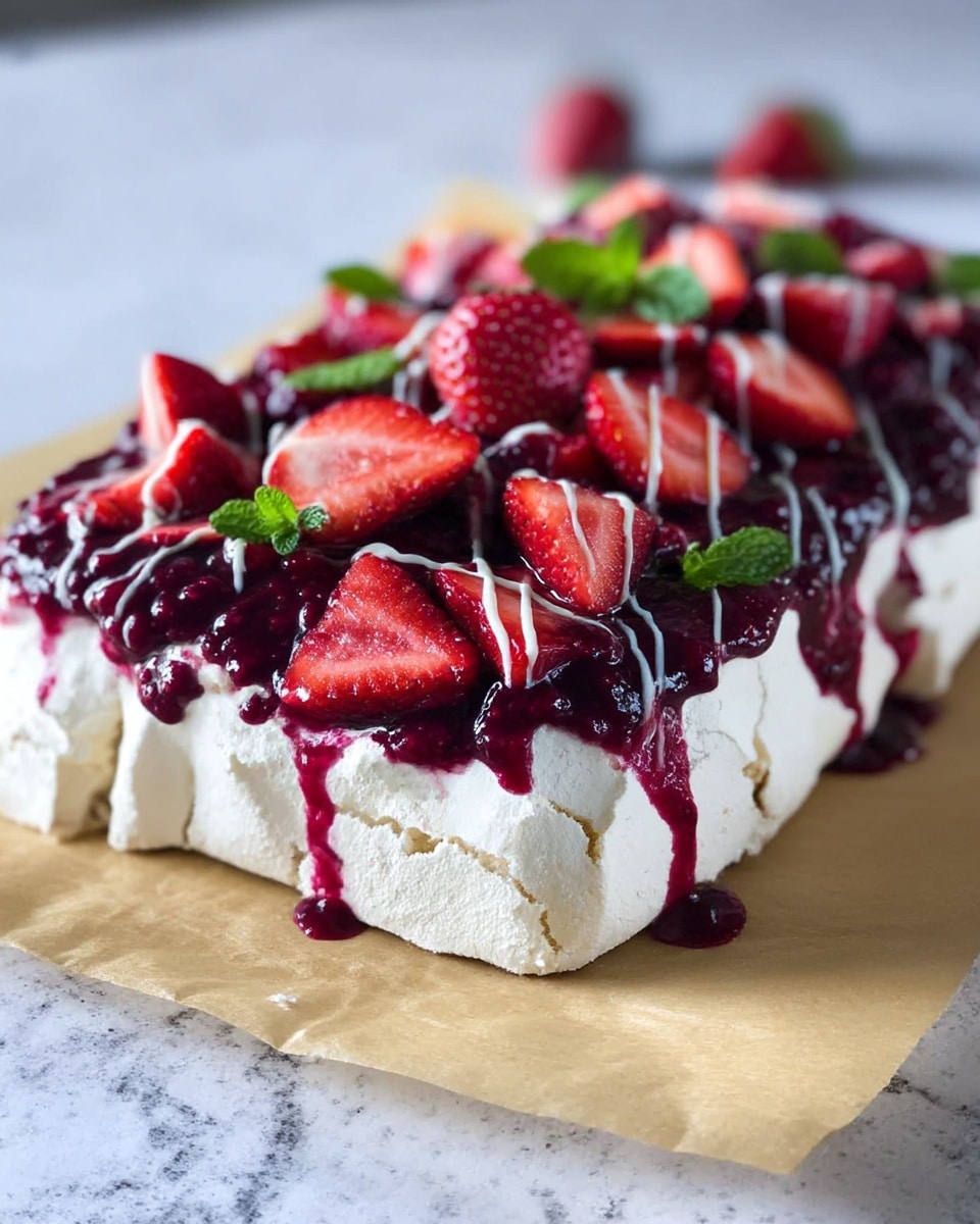 This dish is a rectangular layered dessert on parchment paper, placed on a white marbled surface. The bottom layer is a white, fluffy base, likely meringue, with a rough edge. On top is a thick layer of dark purple berry compote spread unevenly. Fresh red strawberries, cut in halves and quarters, are scattered over the compote. Small green mint leaves are mixed lightly in the strawberry layer. Thin white drizzle zigzags are placed over some strawberries, adding contrast and decoration. The overall look is colorful, fresh, and textured. Photo taken with an iphone --ar 4:5 --v 7