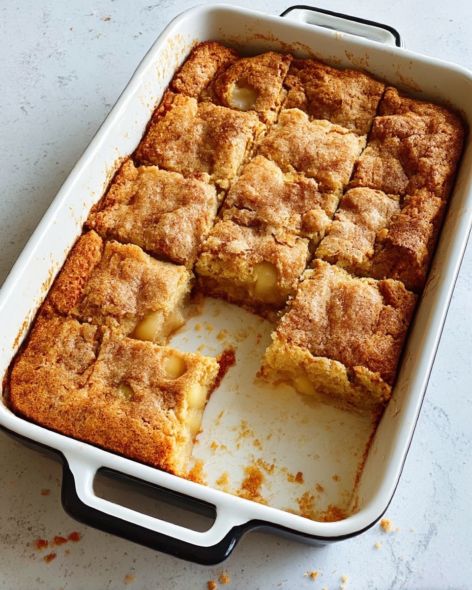 A rectangular white baking dish with black handles holds a thick, uneven brown batter mixed with visible chunks of pale fruit scattered throughout. The batter is spread to the edges and sprinkled lightly with a layer of white granulated sugar. The dish is lined with white parchment paper that folds over the edges, resting on a white marbled surface. photo taken with an iphone --ar 4:5 --v 7