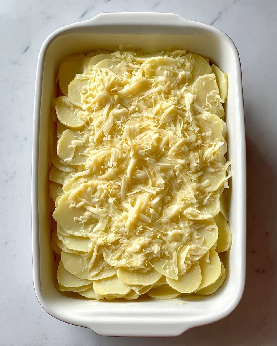 A white rectangular ceramic baking dish is filled with two visible layers of thinly sliced pale yellow potatoes, arranged evenly to cover the bottom and middle of the dish. The top layer consists of more sliced potatoes covered generously with a layer of shredded light yellow cheese scattered unevenly. The dish is placed on a white marbled surface. photo taken with an iphone --ar 4:5 --v 7